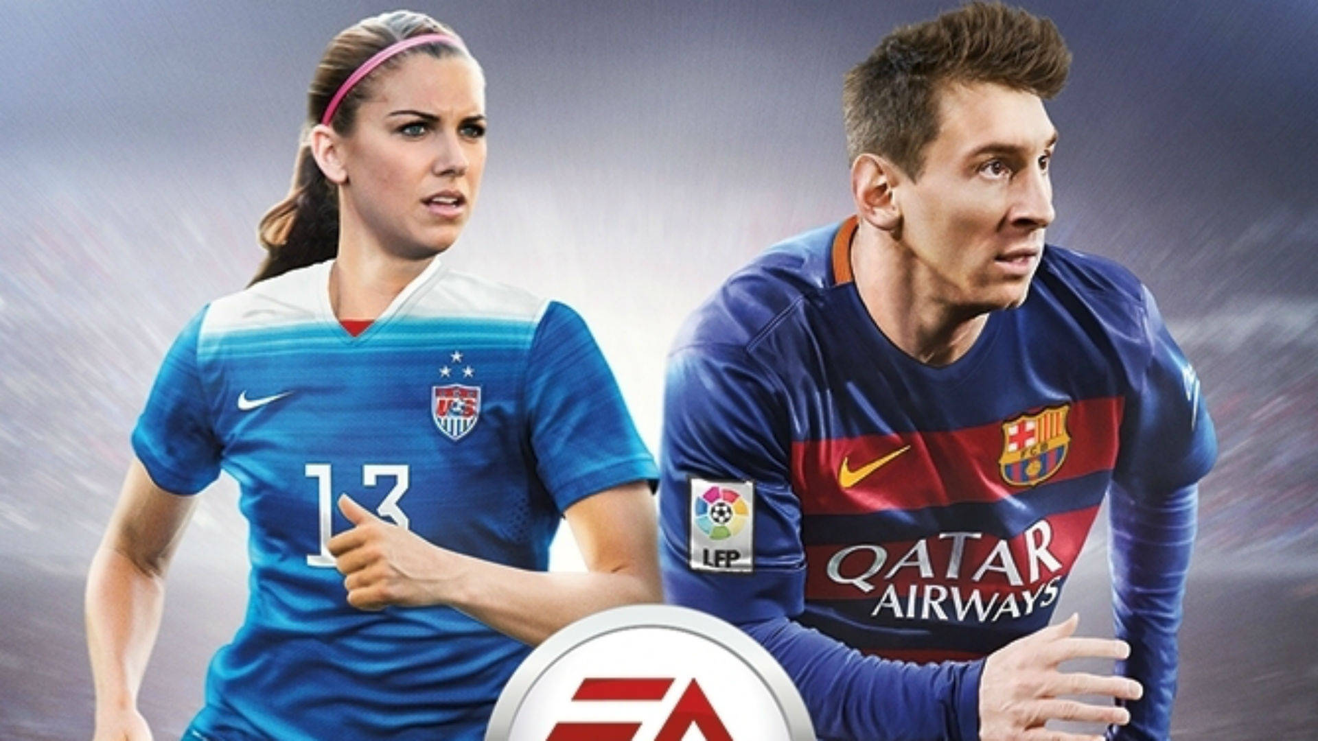 Alex Morgan 桌布 壁紙 — 兩名足球運動員穿著球隊球衣擺出動作姿勢，背景為動態模糊效果，並帶有EA Sports標誌。