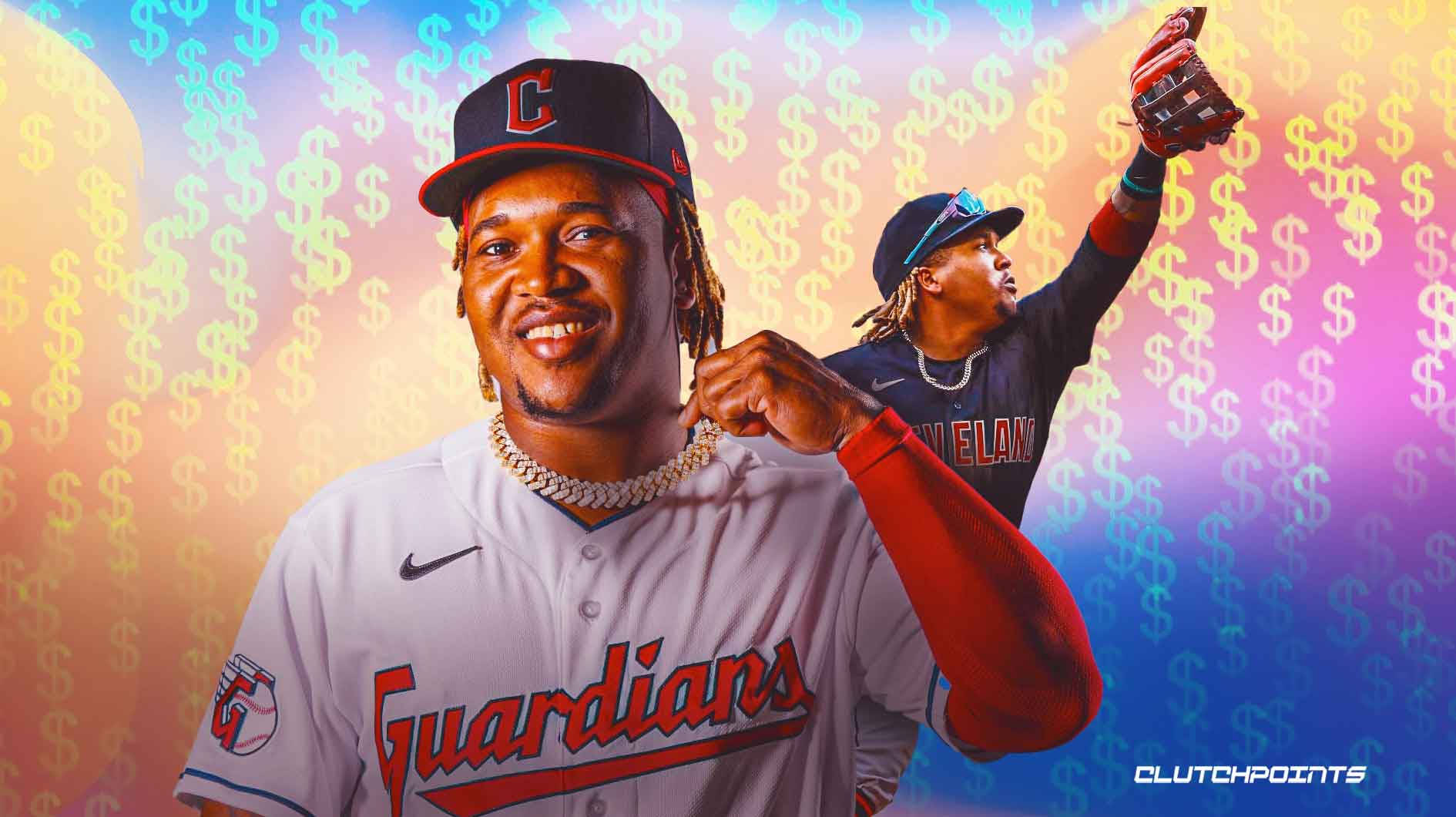 Jose Ramirez 桌布 壁紙 — 兩名身穿Guardians球衣的棒球選手面帶微笑，在充滿浮動美元符號的鮮豔背景前自信擺姿勢。