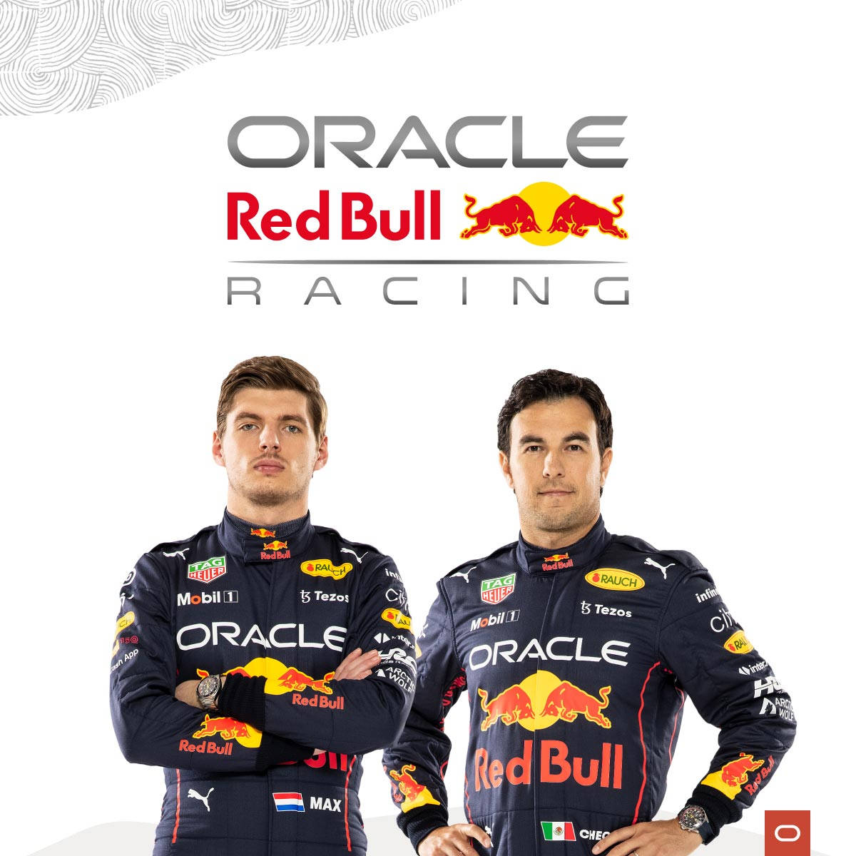 iPhone 桌布 壁紙 — 兩名身穿Oracle Red Bull Racing車隊服裝的一級方程式車手，在帶有車隊標誌的純白背景前自信地擺姿勢。