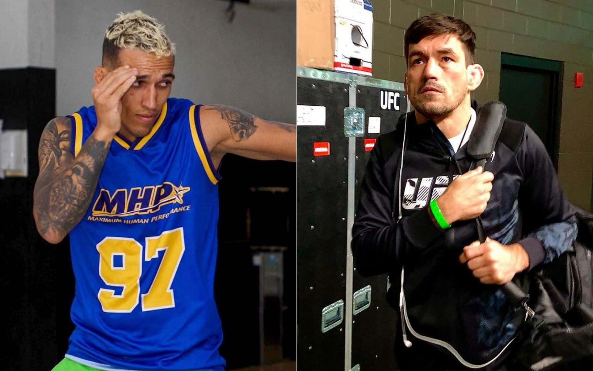 Champion 桌布 壁紙 — 兩名身穿UFC和籃球裝備的運動員在後台區域帶著刺青和品牌服裝認真擺姿勢。