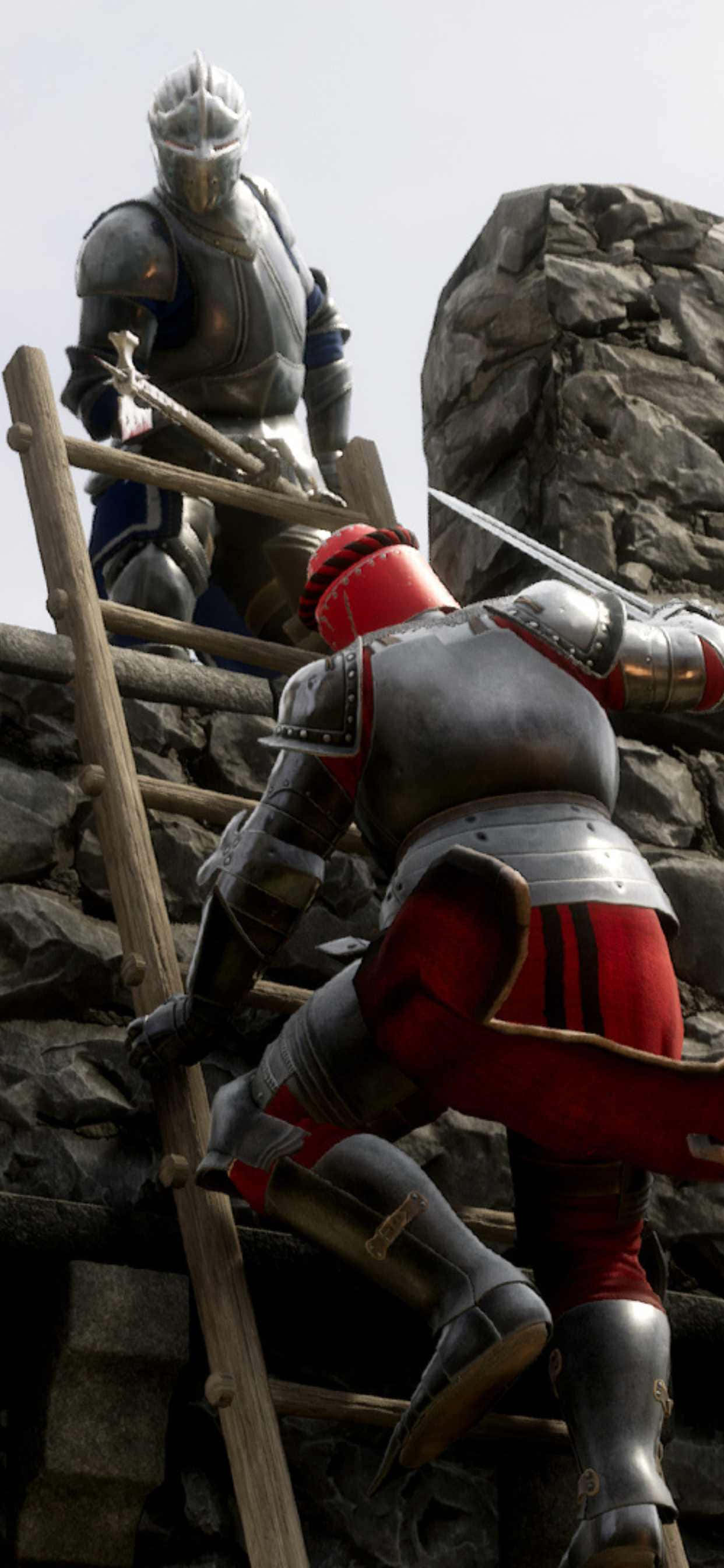 iPhone Xs Max Mordhau 桌布 壁紙 — 兩名身穿中世紀裝備的裝甲騎士攀爬靠在岩石懸崖上的木梯。一人正在攀登，另一人在上方守衛。