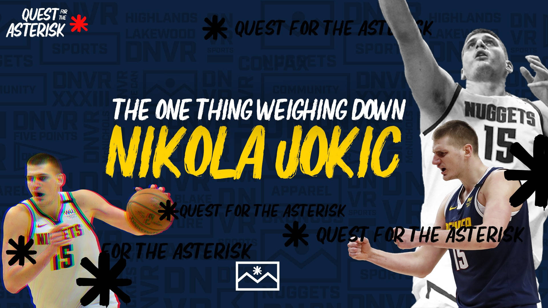 Jokic 桌布 壁紙 — 兩名身穿丹佛金塊球衣的籃球運動員在深藍色背景上激烈競爭，並帶有粗體黃色文字。