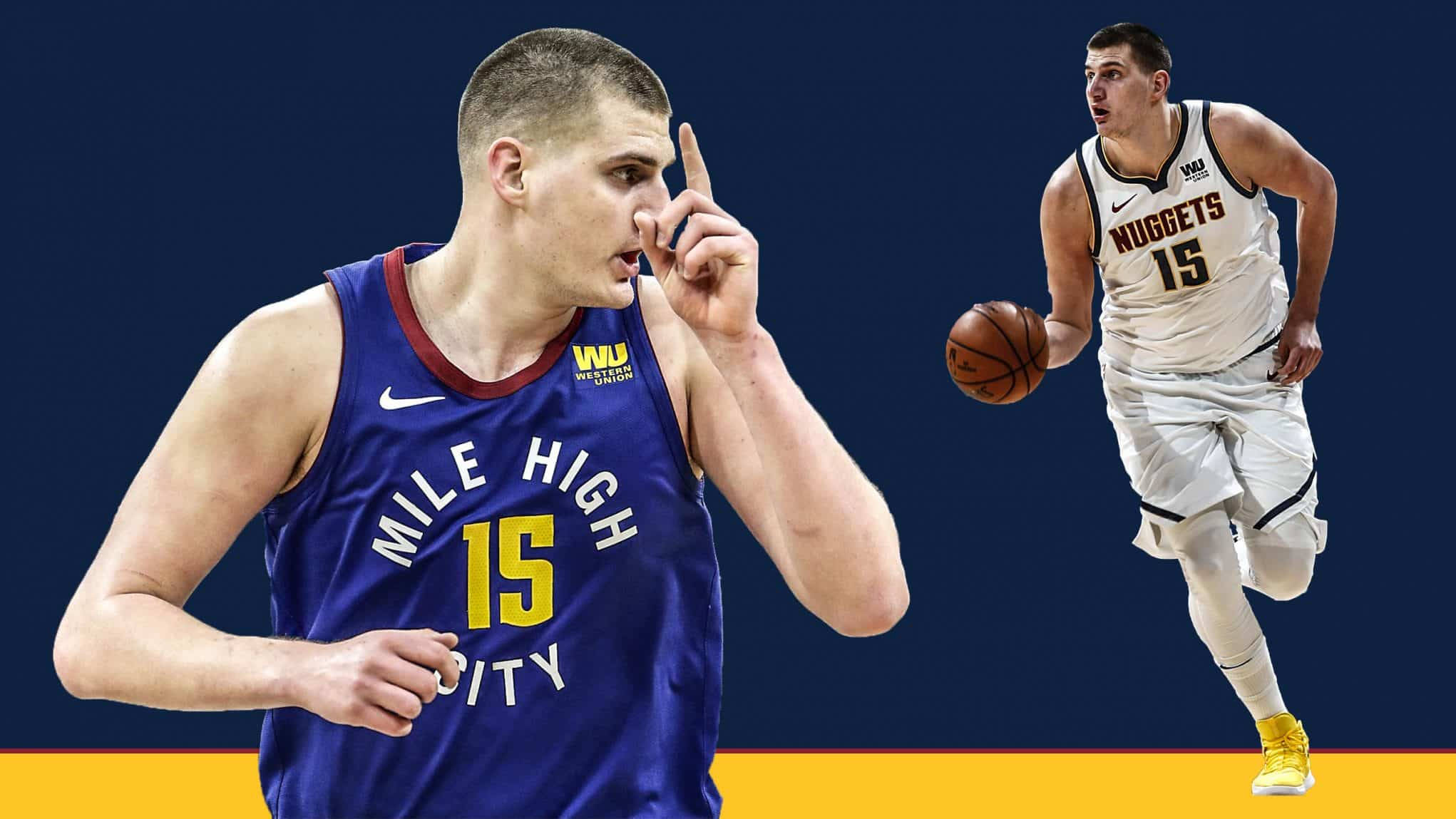 Jokic 桌布 壁紙 — 兩名身穿丹佛金塊球衣的籃球運動員，一名藍色在比劃，另一名白色在運球，背景為深藍色和橙色。