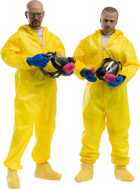 jesse pinkman 桌布 壁紙 — 兩名身穿亮黃色防護服的男人，在發光的黃色背景下手持防毒面具。