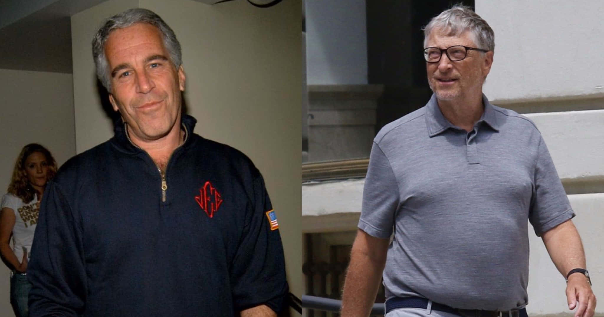 Bill Gates And Epstein 桌布 壁紙 — 兩名身穿休閒服飾的男子並肩而立，一人穿著帶有紅色字母組合的海軍藍套頭衫，另一人穿著灰色Polo衫，兩人均微微淺笑。