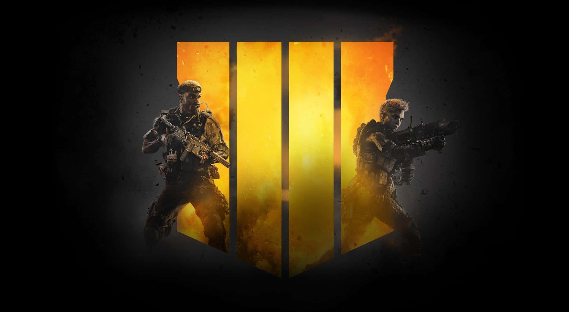 Best Call Of Duty Black Ops 4 桌布 壁紙 — 兩名身穿作戰裝備的士兵站在黑暗背景上發光的橙色徽章兩側。