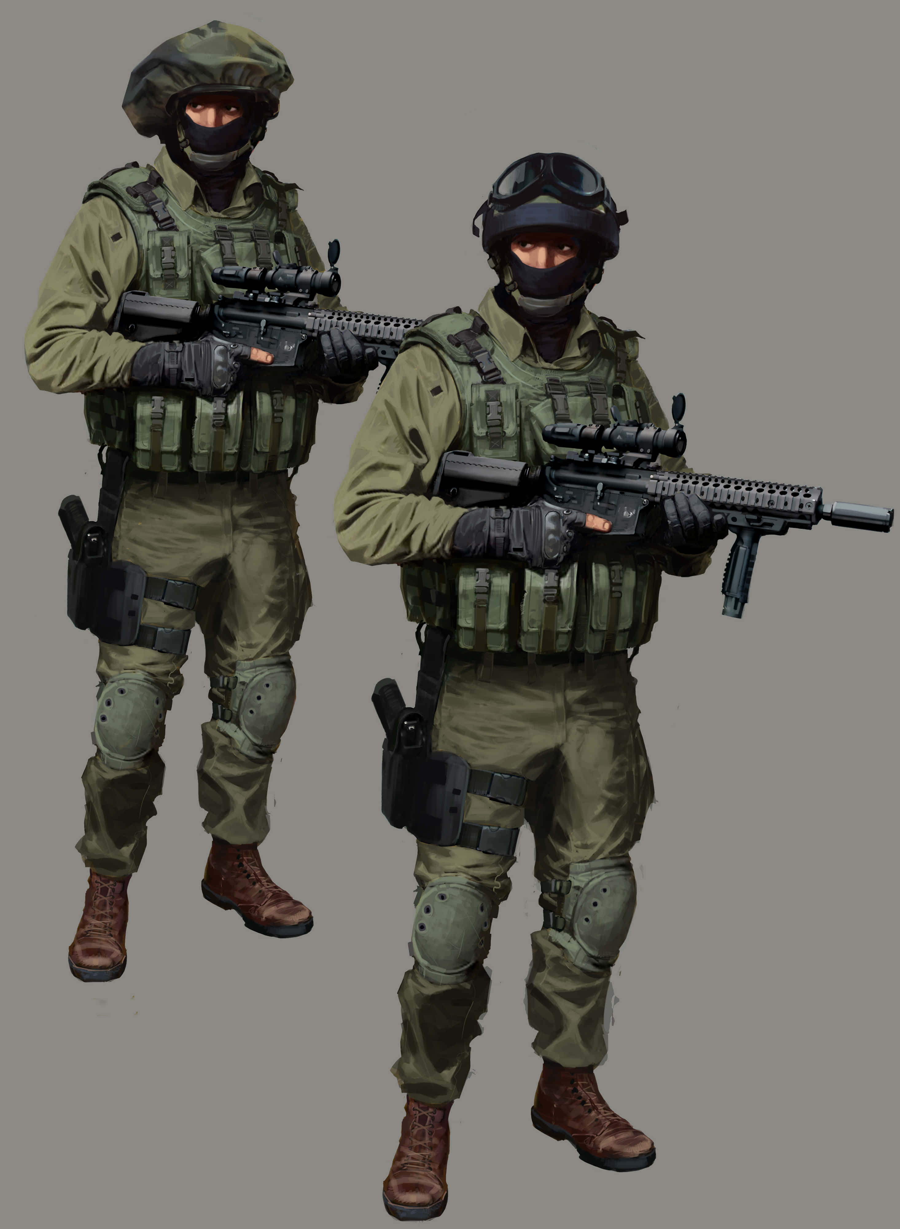 iPhone Xs Max Counter-strike Global Offensive 桌布 壁紙 — 兩名身穿全套戰術裝備的士兵，在純灰色背景前手持突擊步槍準備就緒。