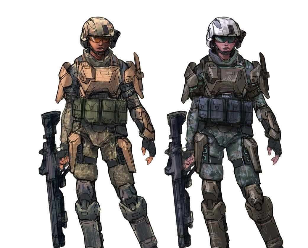 Halo Unsc 桌布 壁紙 — 兩名身穿全套戰術裝備的插圖士兵並排站立，手持步槍，背景為純白色。