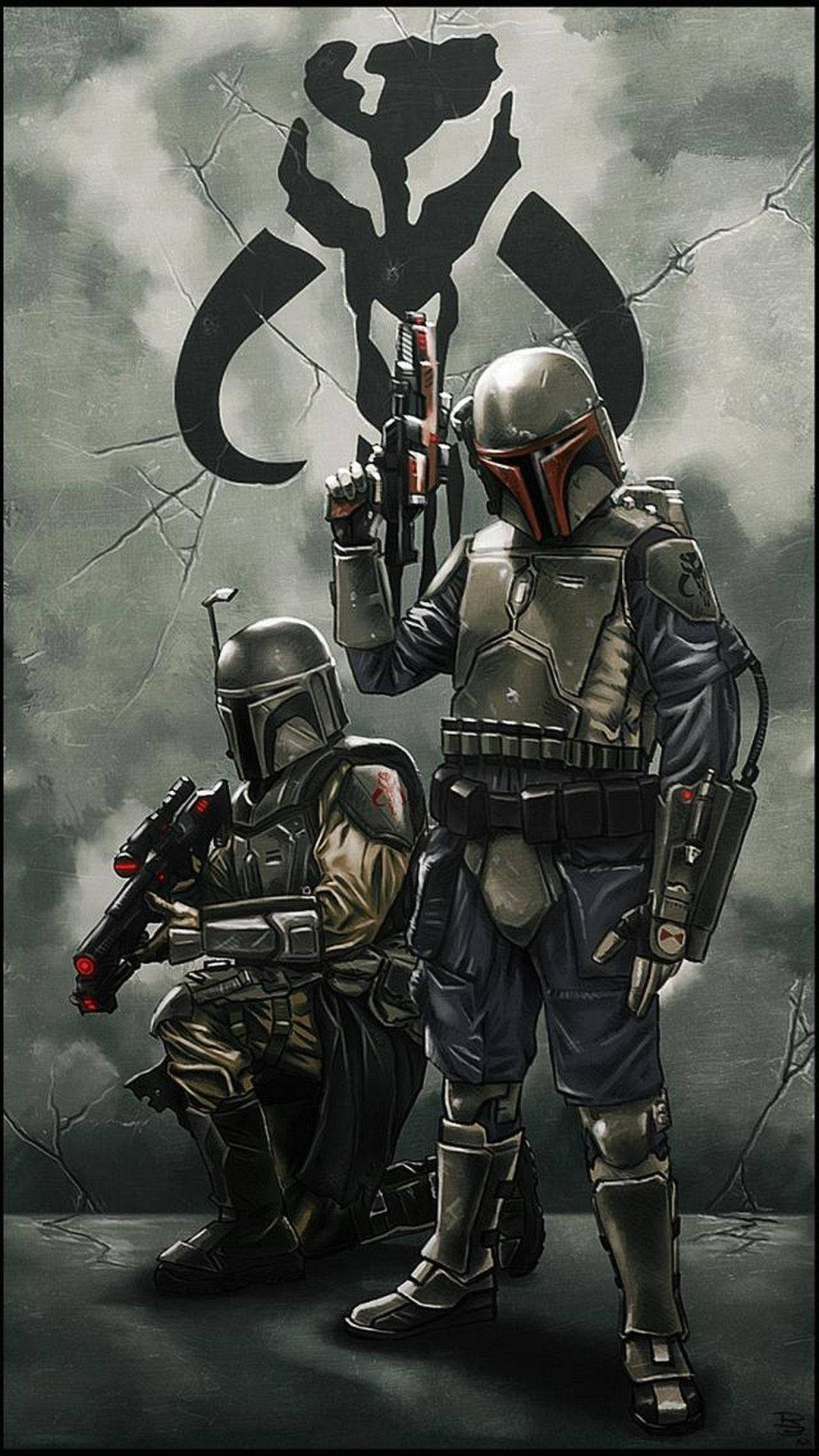 Boba 桌布 壁紙 — 兩名身穿全套盔甲的曼達洛戰士站在一道帶有曼達洛標誌的裂牆前，背景是風暴天空。