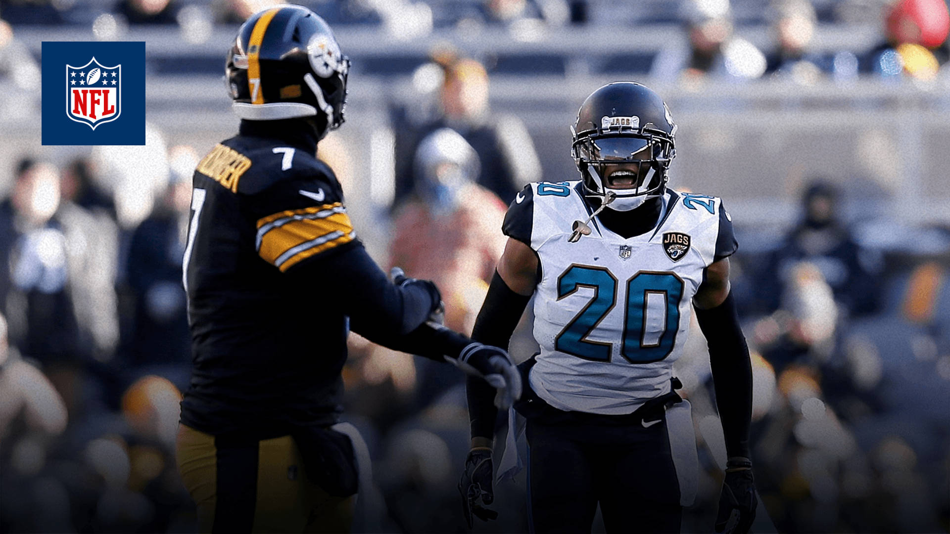 兩名NFL美式足球員在日間比賽中於場上握手。