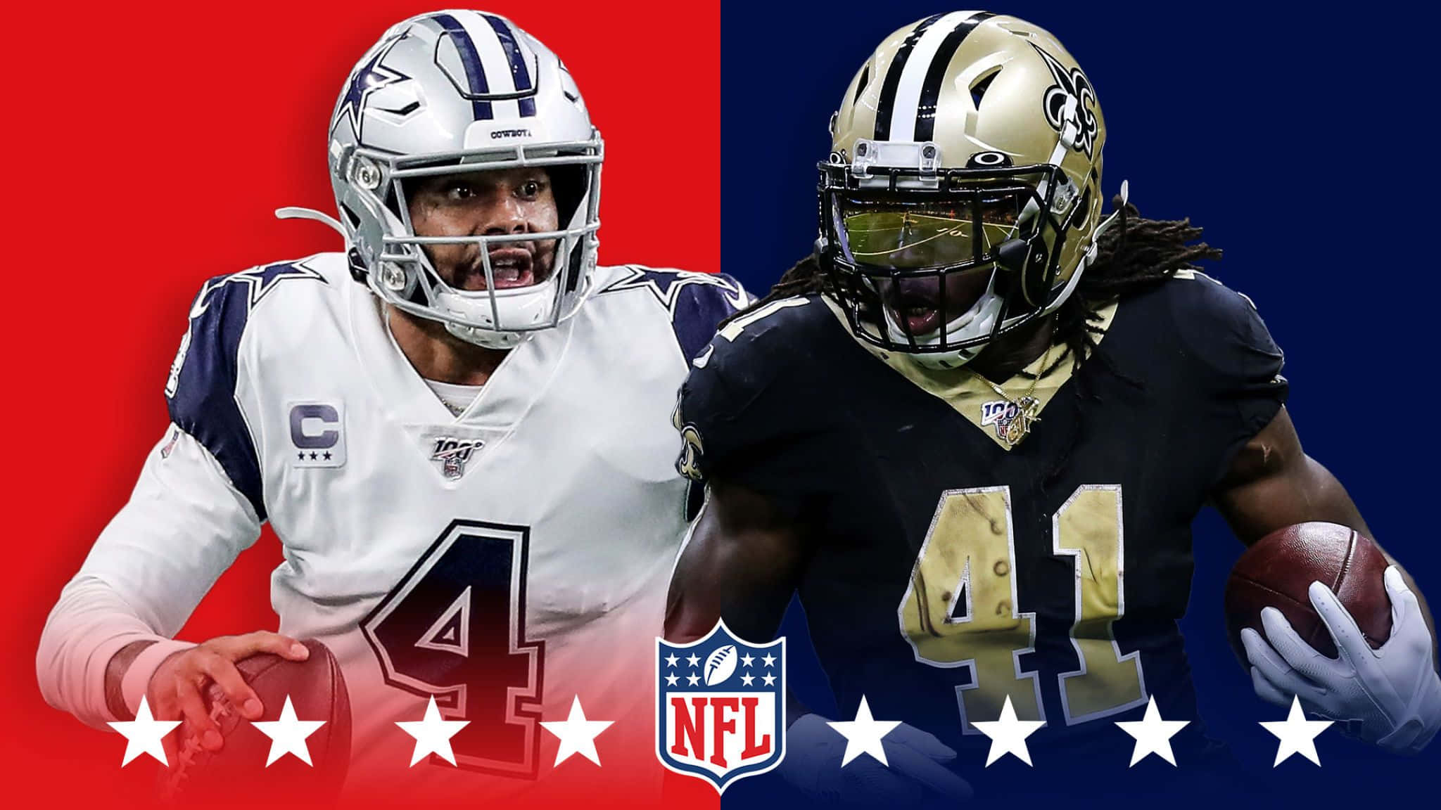 Alvin Kamara 桌布 壁紙 — 兩名身穿全套裝備的NFL美式足球員在充滿星星和聯盟標誌的鮮豔紅藍背景前對峙。