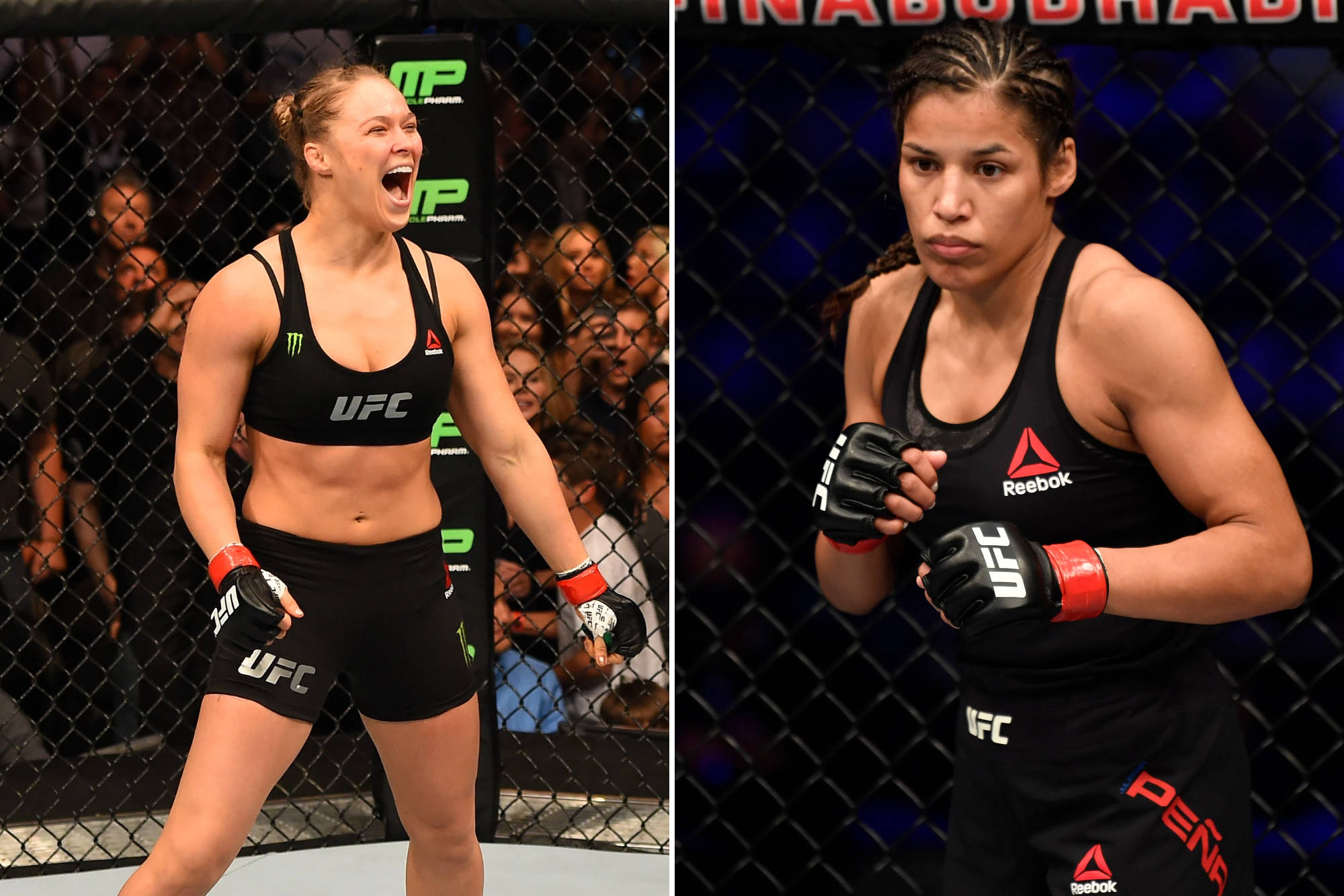 運動 桌布 壁紙 — 兩名身穿八角籠裝備的女性UFC拳手，一名勝利慶祝，另一名專注並準備戰鬥。