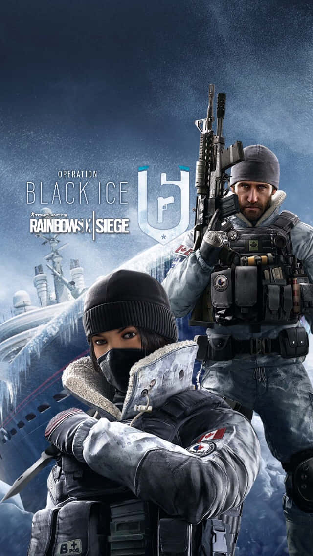 Android Rainbow Six Siege 桌布 壁紙 — 兩名身穿冬季裝備的武裝士兵在雪景背景、墜毀飛機和冰結構前準備就緒。