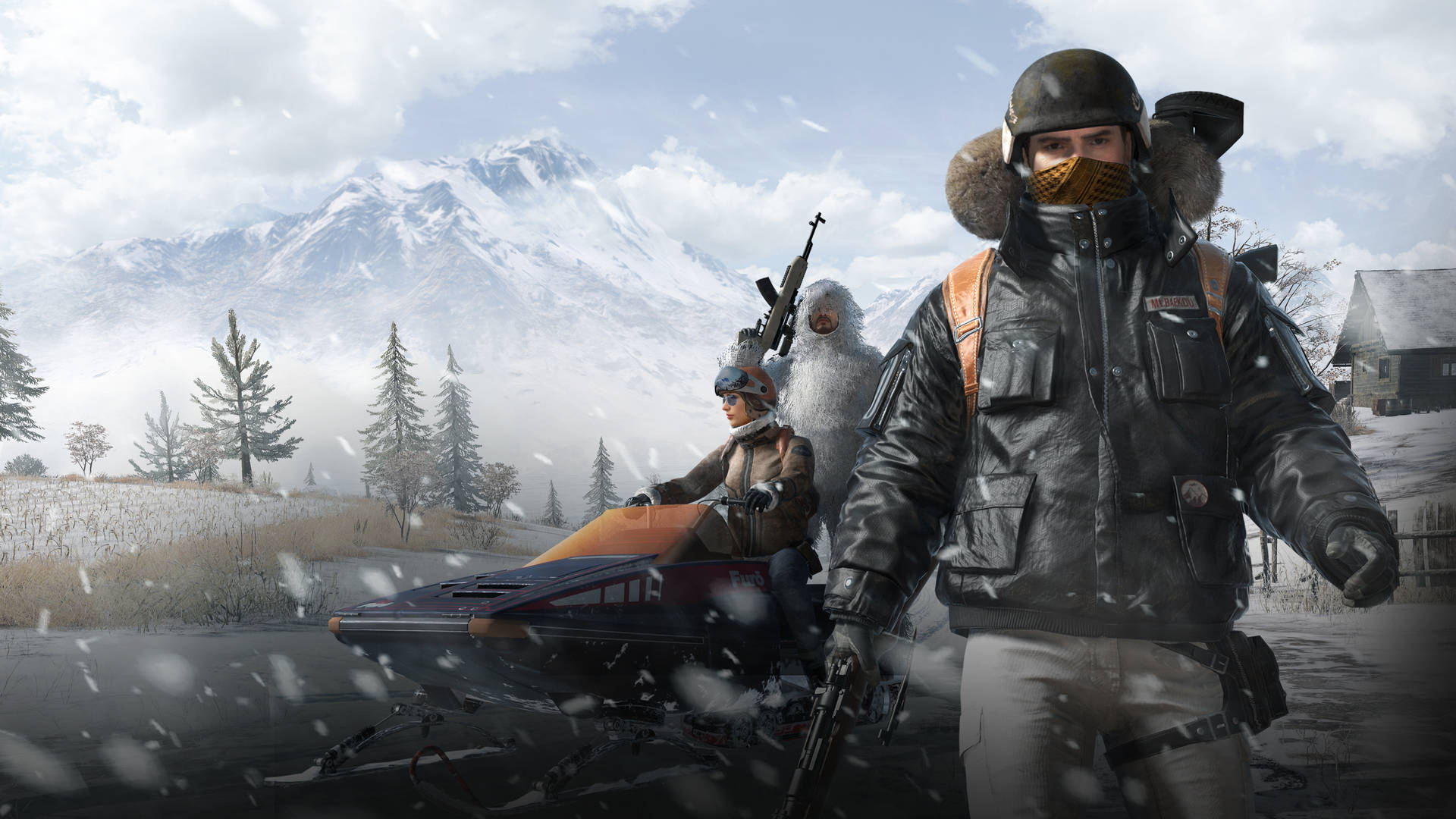 兩名身穿冬季裝備的士兵和雪地摩托車在白雪皚皚的山景中。 — PUBG 4K 壁紙 壁紙