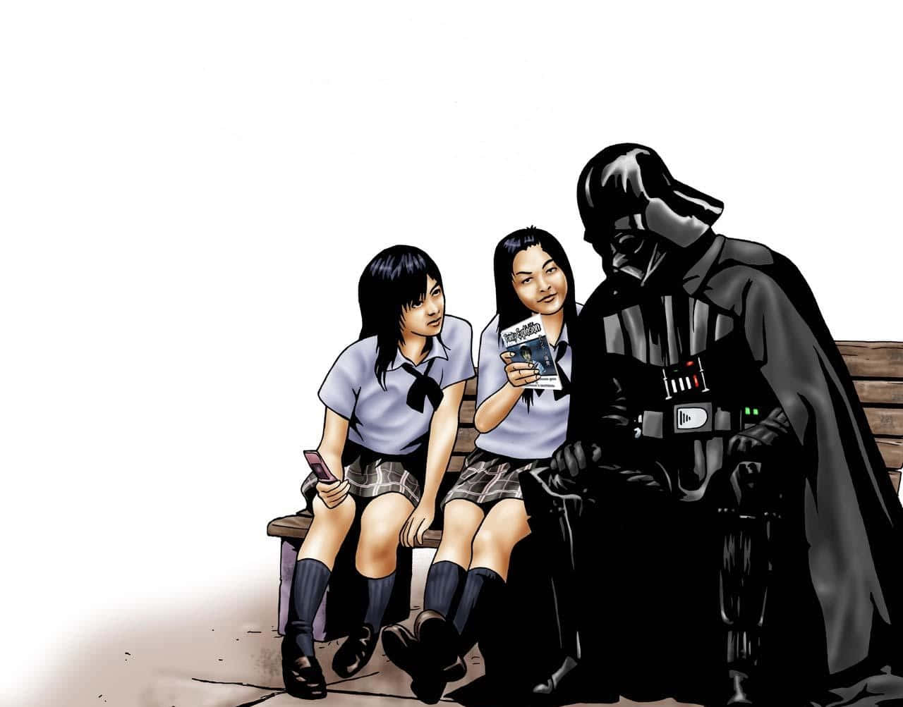 達斯維德 桌布 壁紙 — 兩名身穿制服的女學生與黑武士一起坐在長椅上，黑武士手持電話，螢幕上顯示他自己的照片。