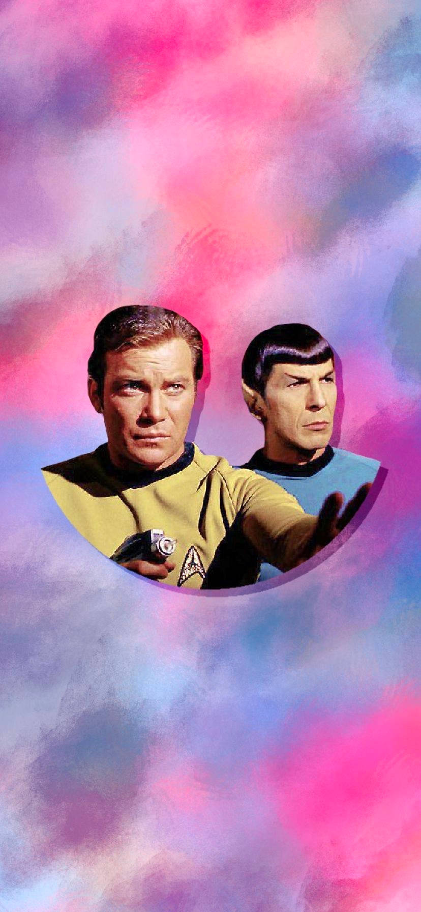Spock 桌布 壁紙 — 兩名身穿制服的星艦迷航記船員出現在圓形框架中，背景是旋轉的粉紅色和藍色宇宙。