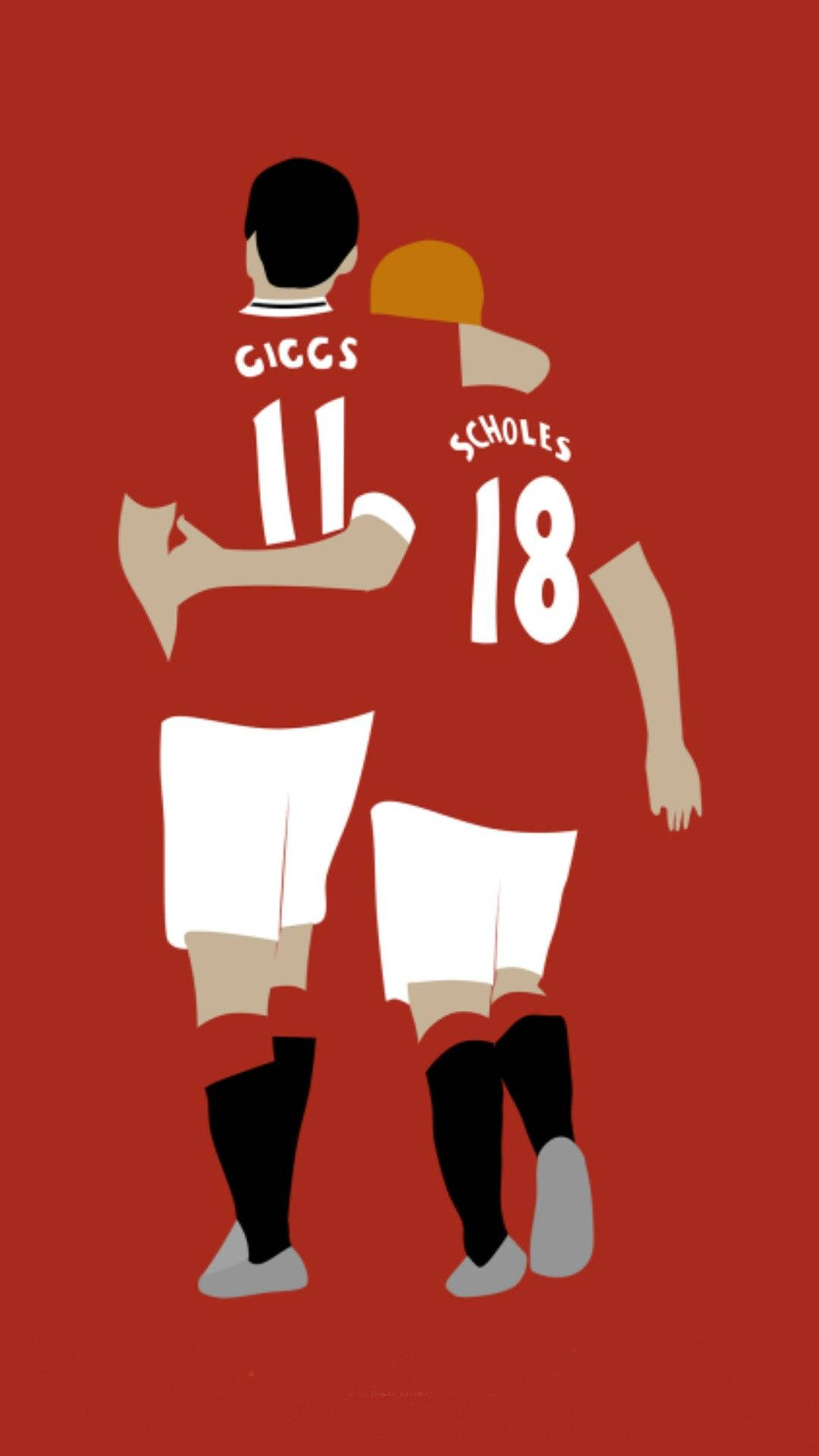 Ryan Giggs 桌布 壁紙 — 兩名身穿印有名字和號碼的紅色球衣的足球員在純紅色背景前從後擁抱。