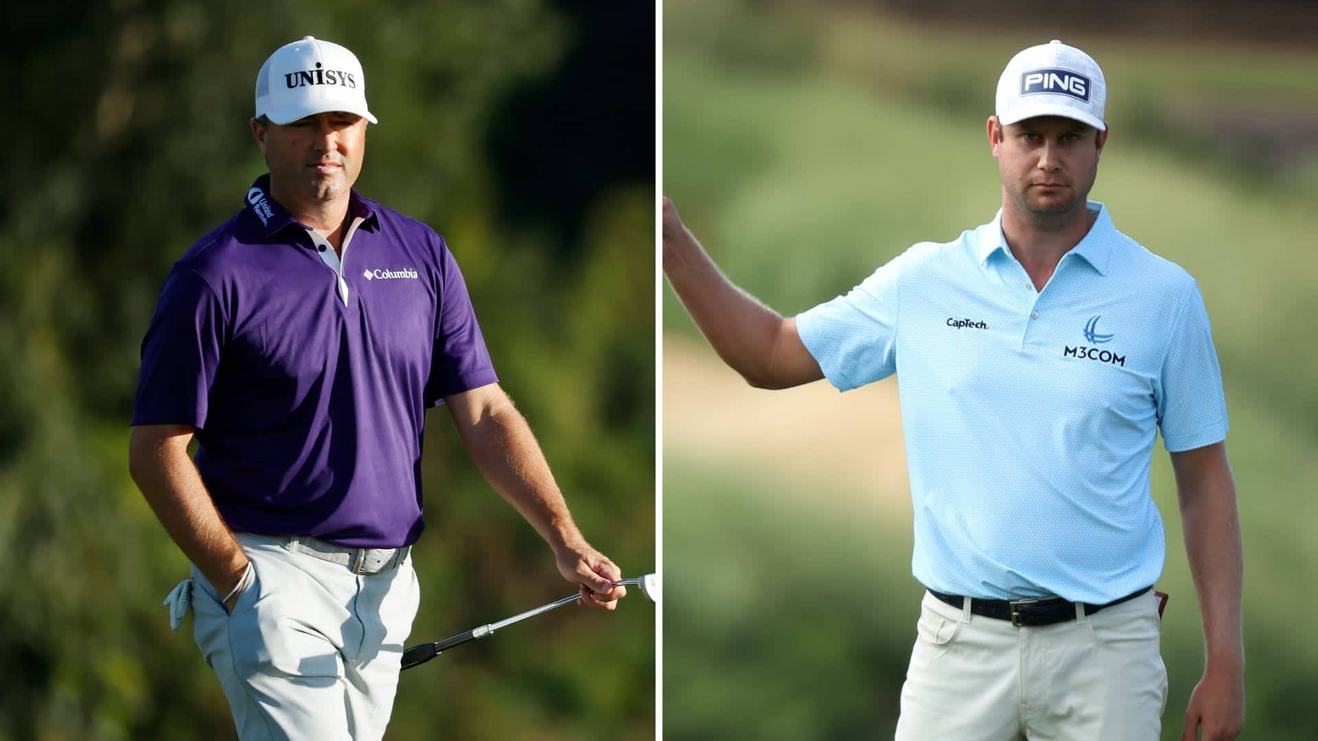 Ryan Palmer 桌布 壁紙 — 兩名身穿品牌服裝的男性高爾夫球手站在陽光明媚的球場上，一人穿紫色襯衫，另一人穿淺藍色襯衫，兩人都拿著球桿。