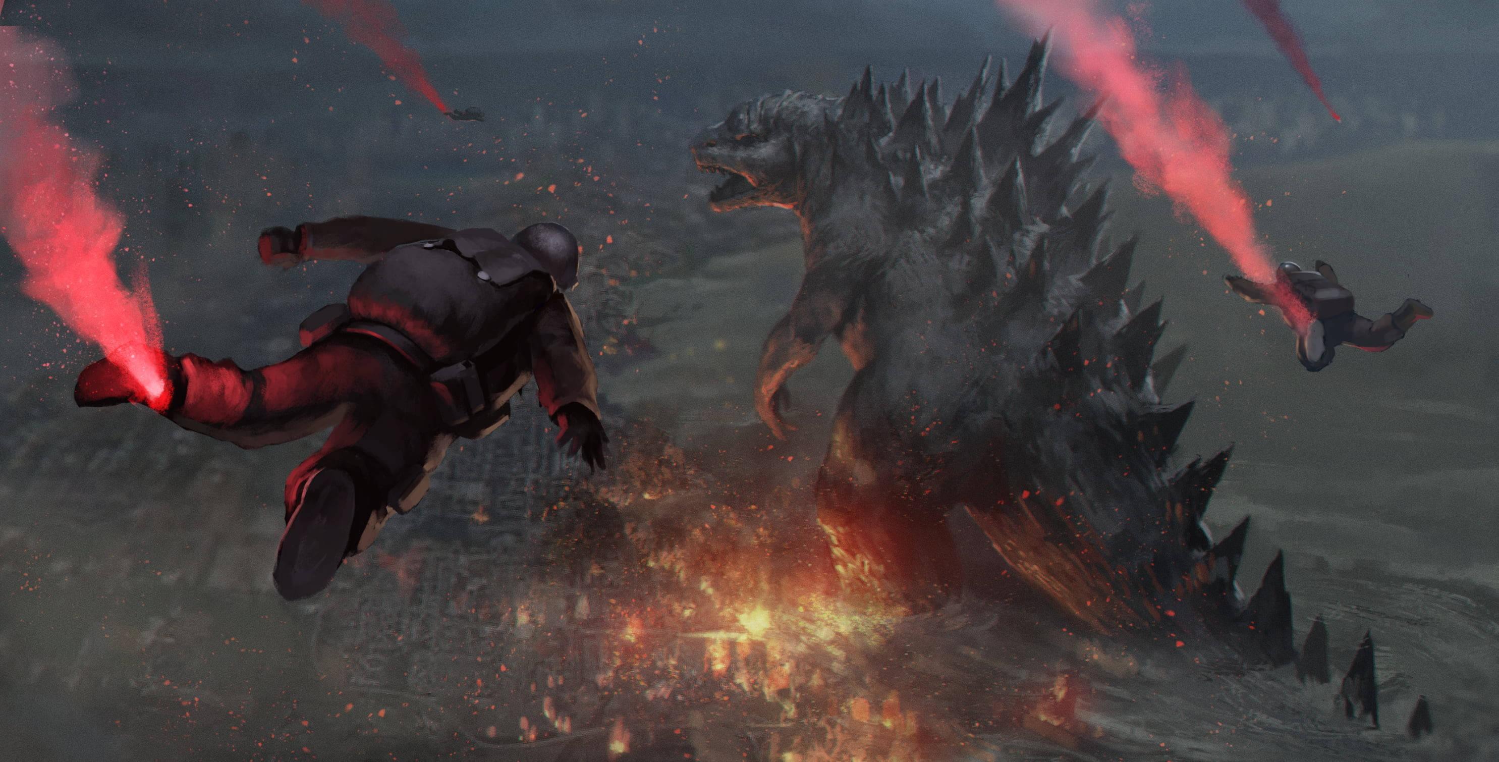 shin godzilla 桌布 壁紙 — 兩名身穿噴射背包的士兵在煙霧中飛翔，面對一隻巨大的多刺哥吉拉，周圍是烈火摧毀的景象。