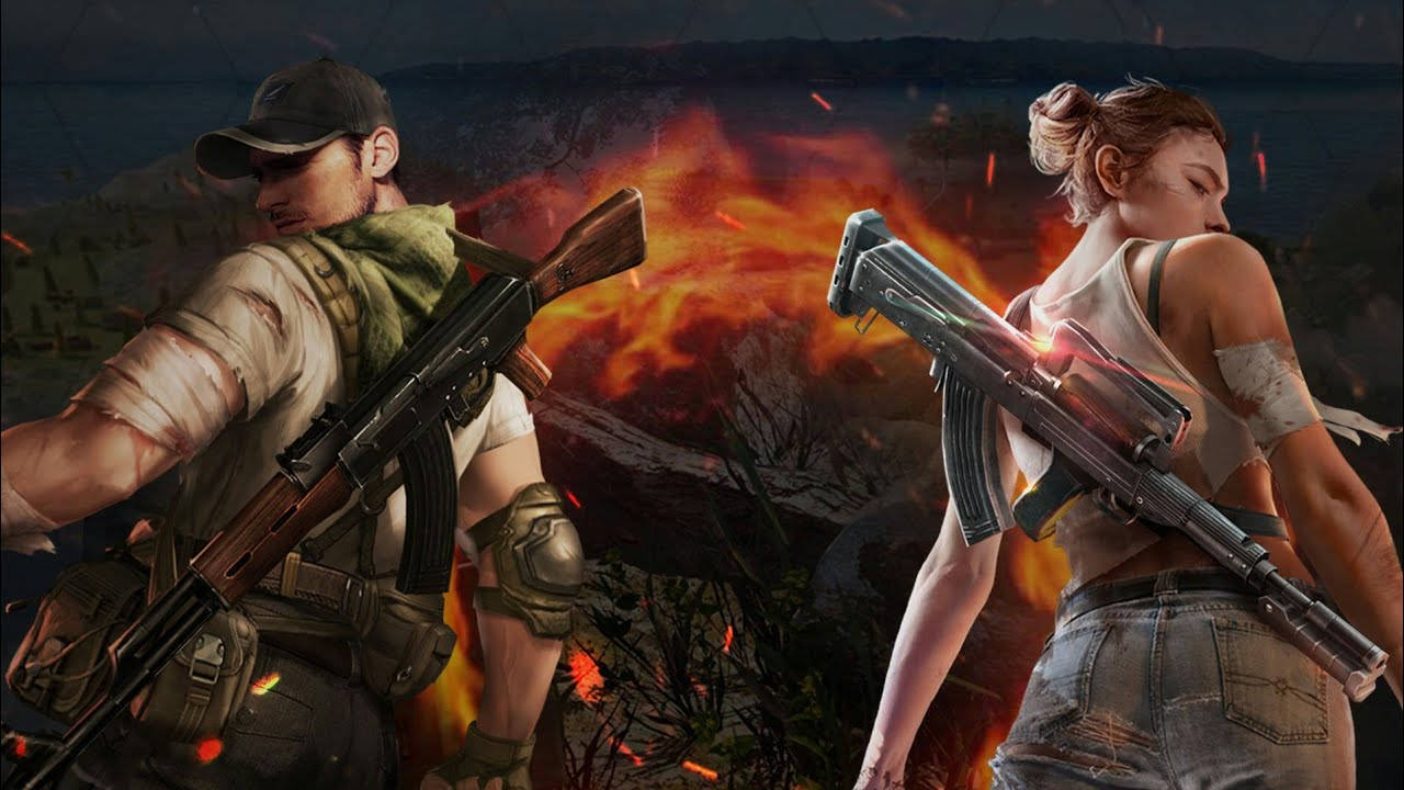 Garena 桌布 壁紙 — 兩名身穿堅固裝備的武裝倖存者在戰火摧殘的景觀中背靠背站立，面對猛烈爆炸。