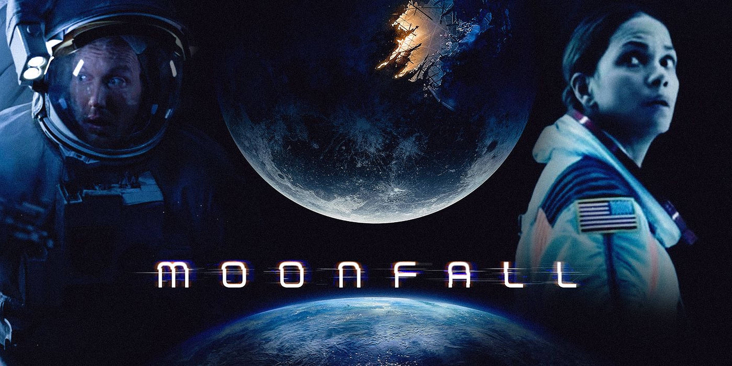 Moonfall 桌布 壁紙 — 兩名身穿太空衣的太空人敬畏地凝視著月球和地球，而一個巨大的月球懸掛在頭頂，帶有發光的撞擊點。