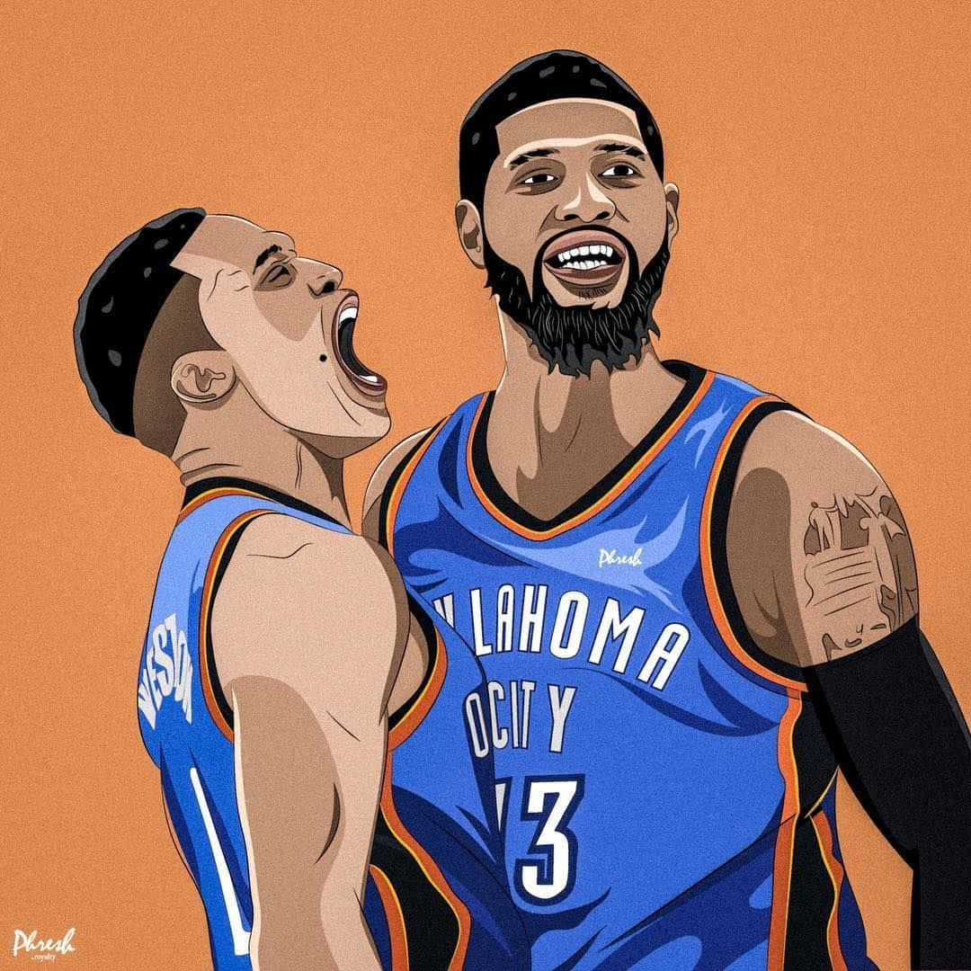 Cartoon NBA Players 桌布 壁紙 — 兩名身穿奧克拉荷馬城雷霆隊球衣的籃球運動員在純橙色背景上歡呼慶祝。