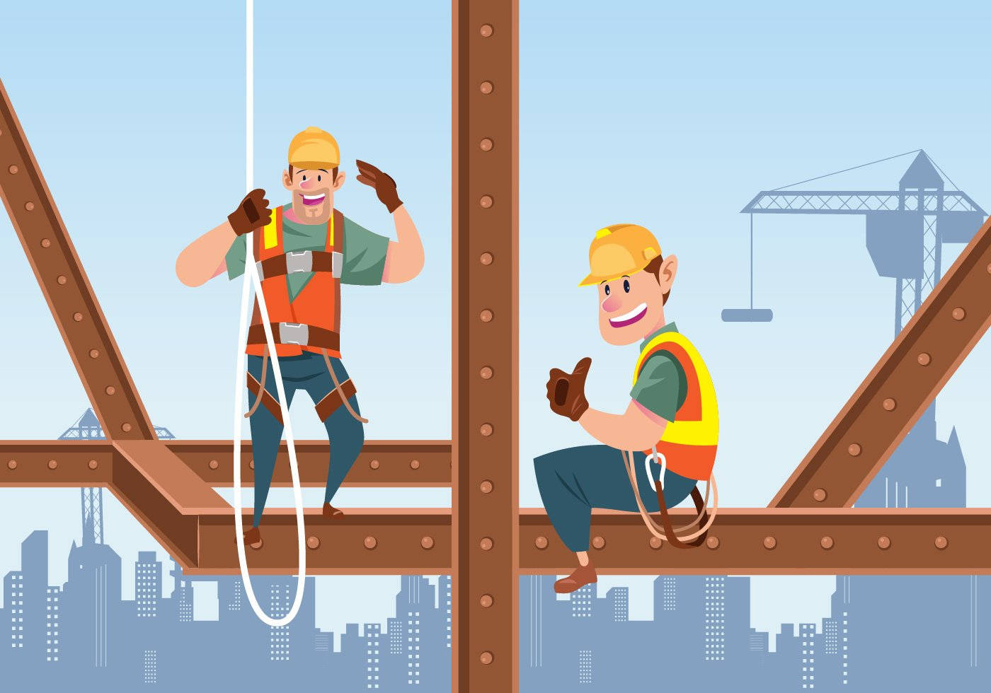 Animated 桌布 壁紙 — 兩名身穿安全裝備的愉快建築工人，在背景有起重機的城市天際線上方，坐在鋼樑上微笑並做手勢。