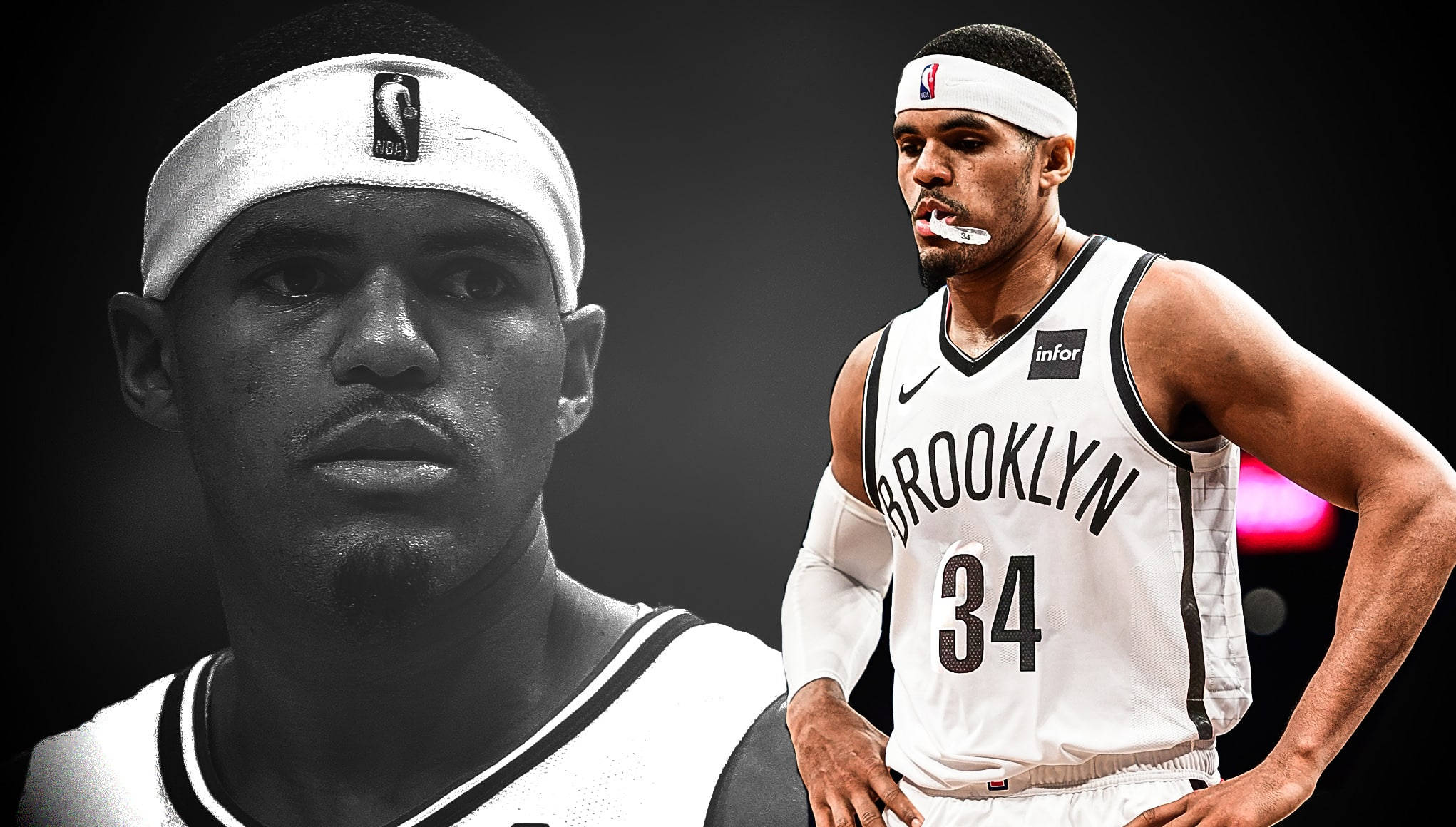 NBA 桌布 壁紙 — 兩名身穿布魯克林籃網隊球衣的籃球運動員在深色背景前擺出強烈姿勢，一個是黑白，另一個是彩色。