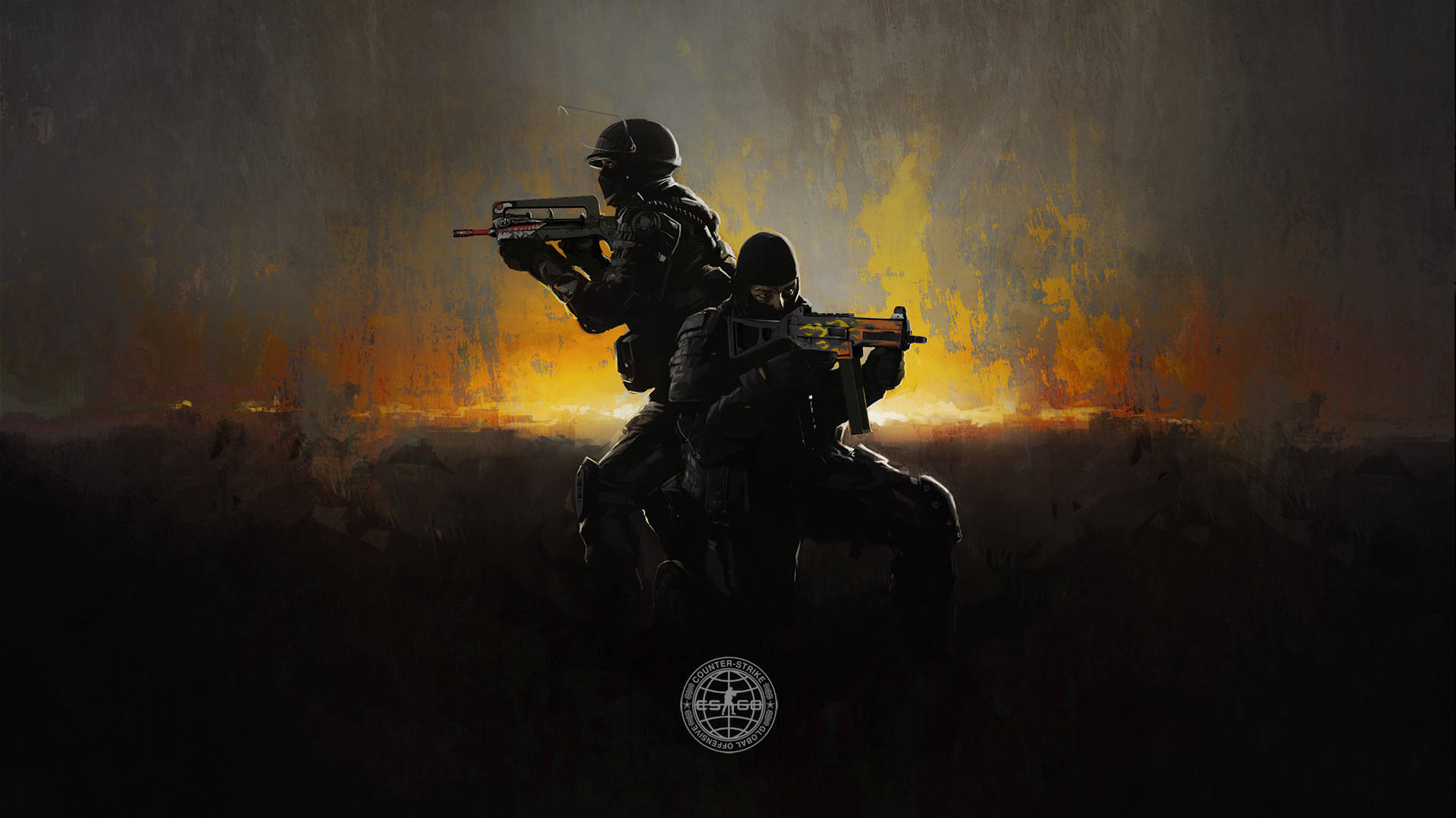 絕對武力：全球攻勢 桌布 壁紙 — 兩名身穿戰術裝備的士兵以剪影形式蹲在熾熱的橙色和黃色日落背景下。