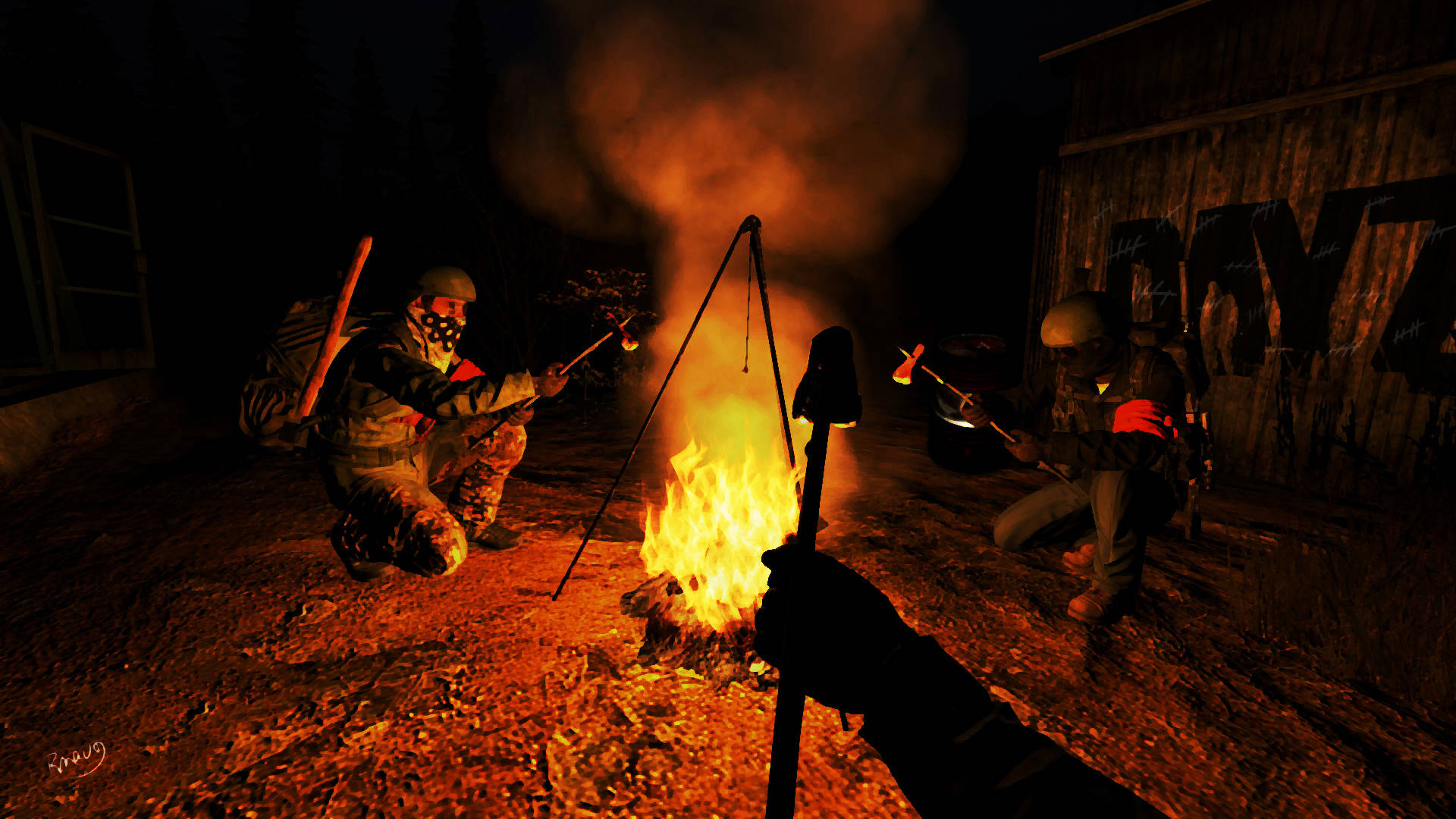 DayZ 桌布 壁紙 — 兩名身穿戰術裝備的士兵在夜間於木屋附近圍著熊熊營火烤棉花糖。