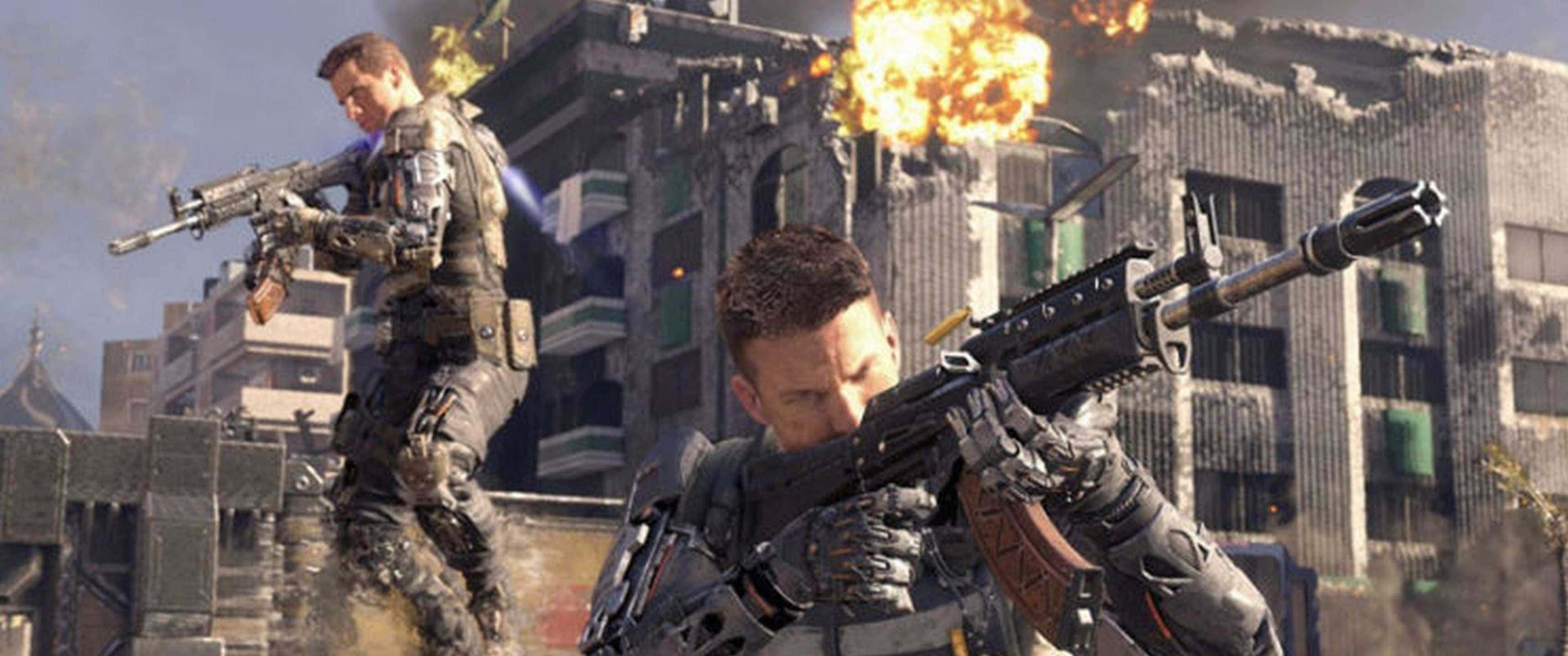 3440x1440p Call Of Duty Black Ops 4 桌布 壁紙 — 兩名身穿戰術裝備的士兵在爆炸的城市廢墟中開火，煙霧和碎片四散。