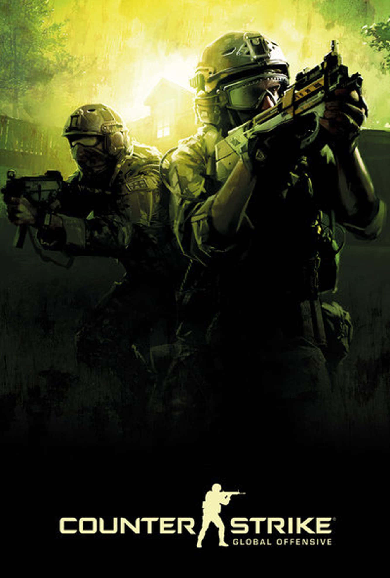 iPhone Xs Max Counter-strike Global Offensive 桌布 壁紙 — 兩名身穿戰術裝備的士兵在發光的黃色薄霧下瞄準步槍，處於 gritty 的戰鬥場景中。