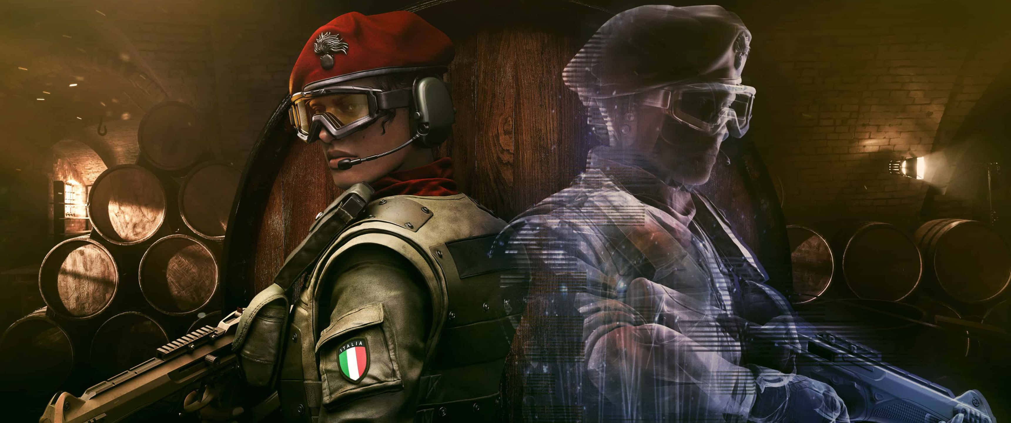 3440x1440p Rainbow Six Siege 桌布 壁紙 — 兩名身穿戰術裝備的士兵站在一個光線昏暗的倉庫裡，旁邊有木桶，一人戴紅色貝雷帽，另一人帶有幽靈般的藍色覆蓋層。