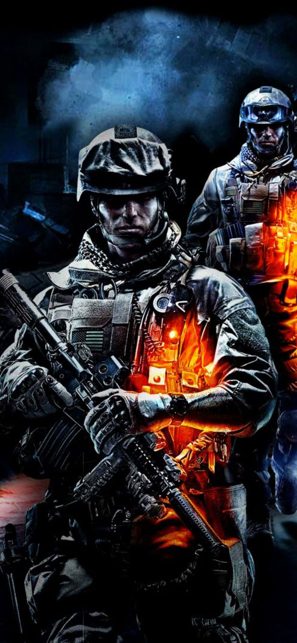 iPhone Xs Battlefield 3 桌布 壁紙 — 兩名身穿戰術裝備的士兵站在黑暗煙霧彌漫的環境中，熾熱的橙色火焰照亮了他們的盔甲和武器。