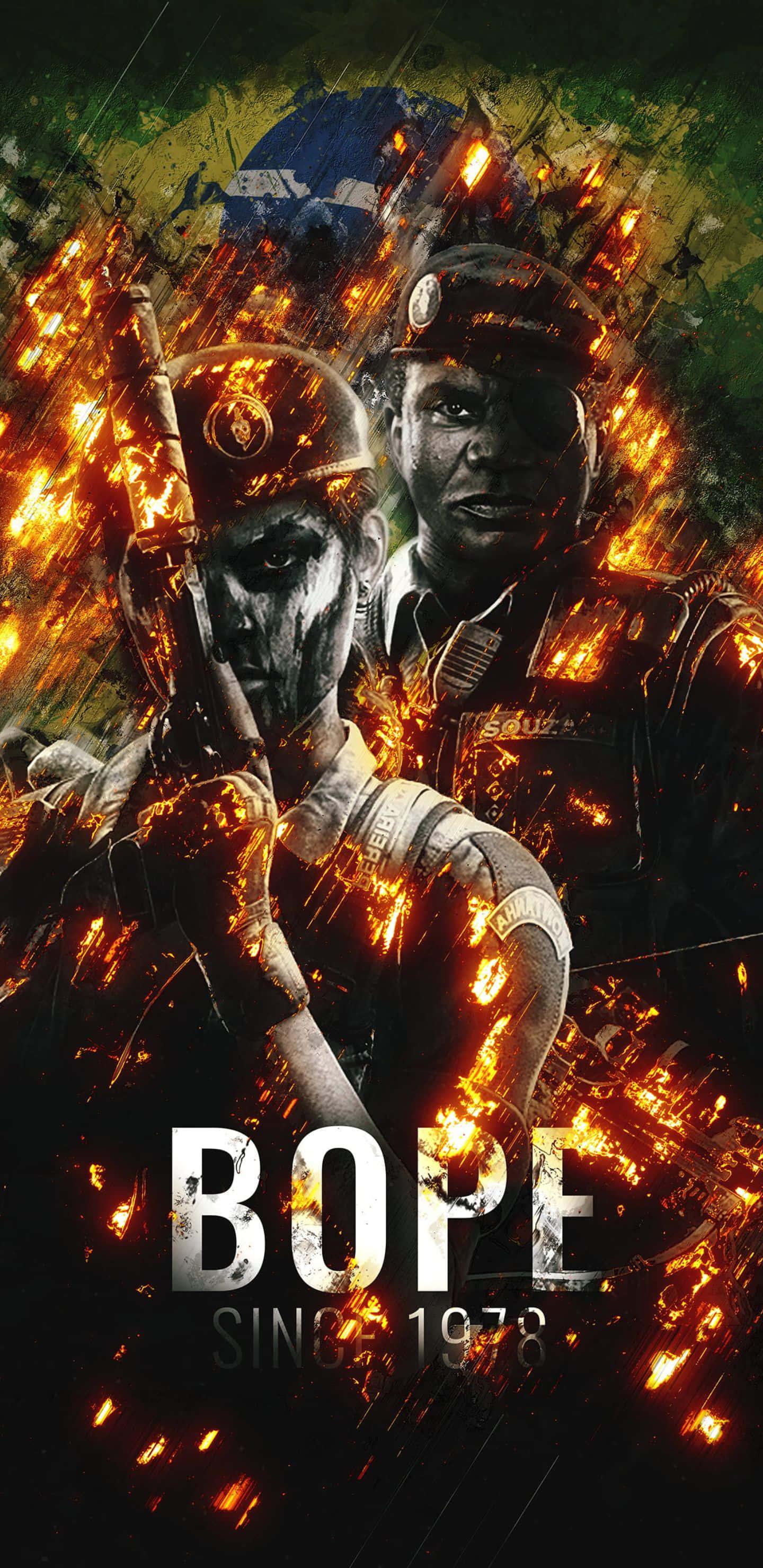 Pixel 3xl Rainbow Six Siege 桌布 壁紙 — 兩名身穿戰術裝備的巴西BOPE警察，在背景有巴西國旗的猛烈爆炸中站立。