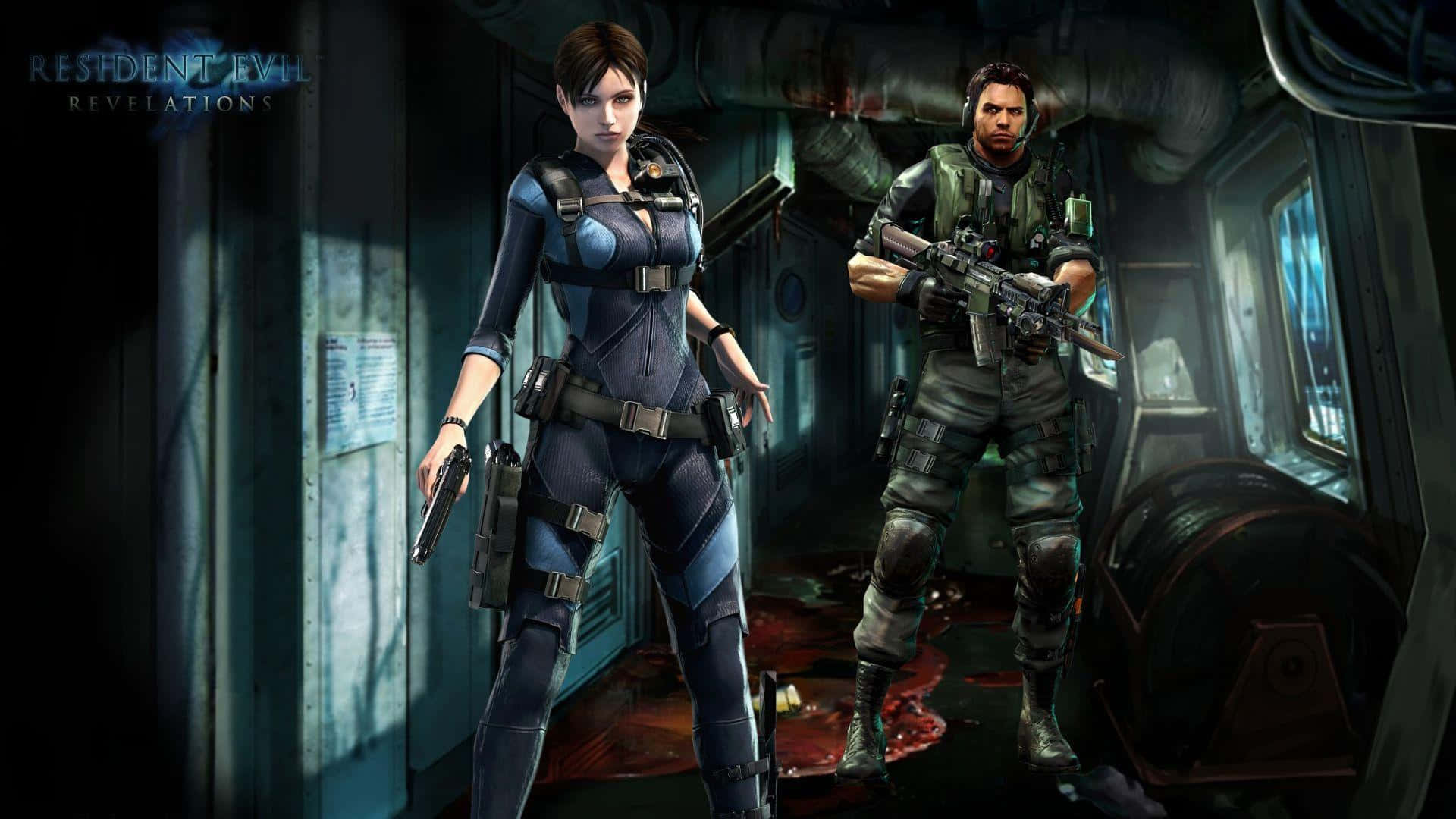 Resident Evil Revelations 2 桌布 壁紙 — 兩名身穿戰術裝備的武裝倖存者在沾滿血跡的昏暗工業走廊中保持警覺。