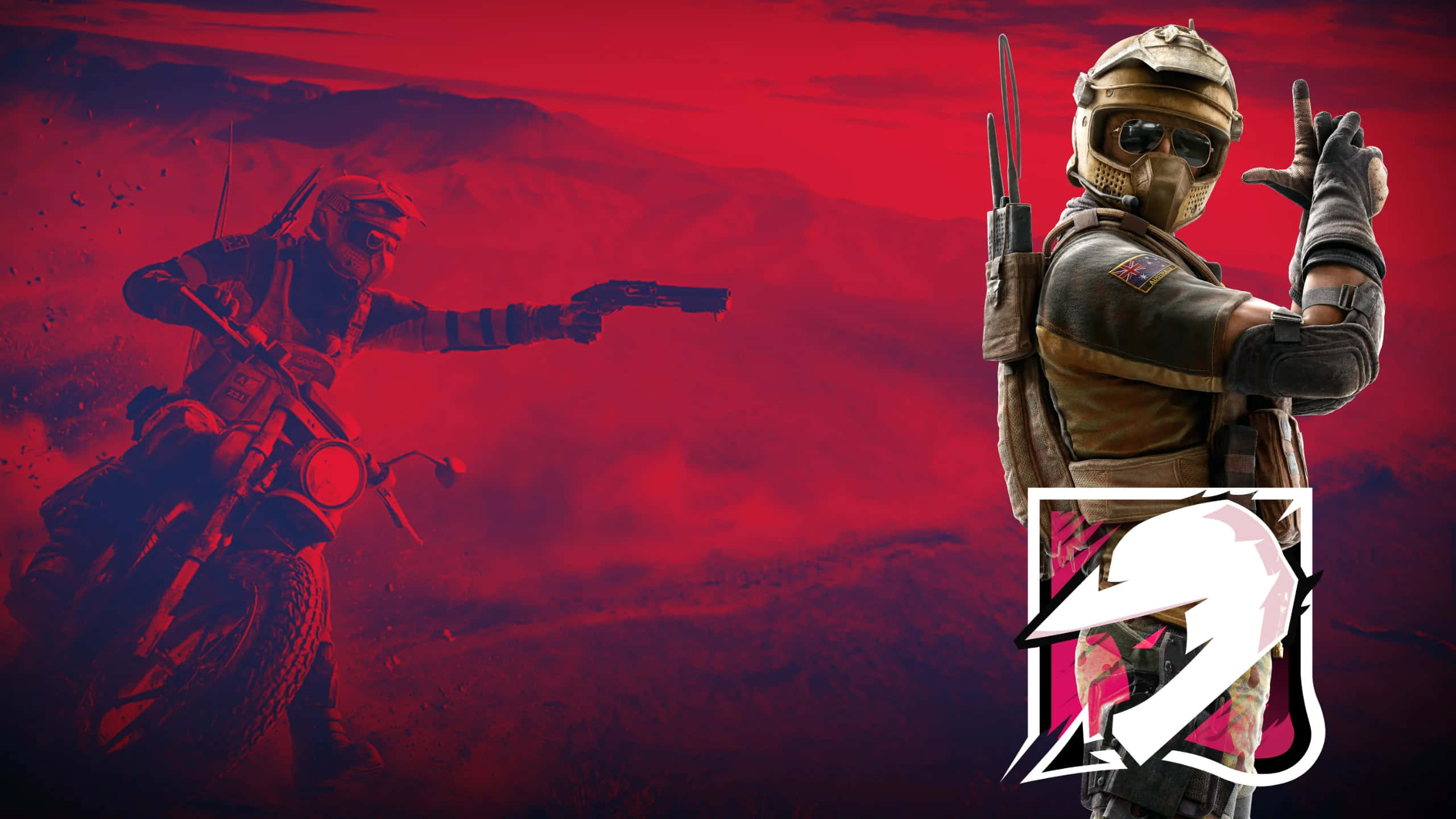 Rainbow Six Siege Mozzie 桌布 壁紙 — 兩名身穿戰術裝備的武裝士兵在熾熱的紅色沙漠背景下與遊戲標誌對峙。