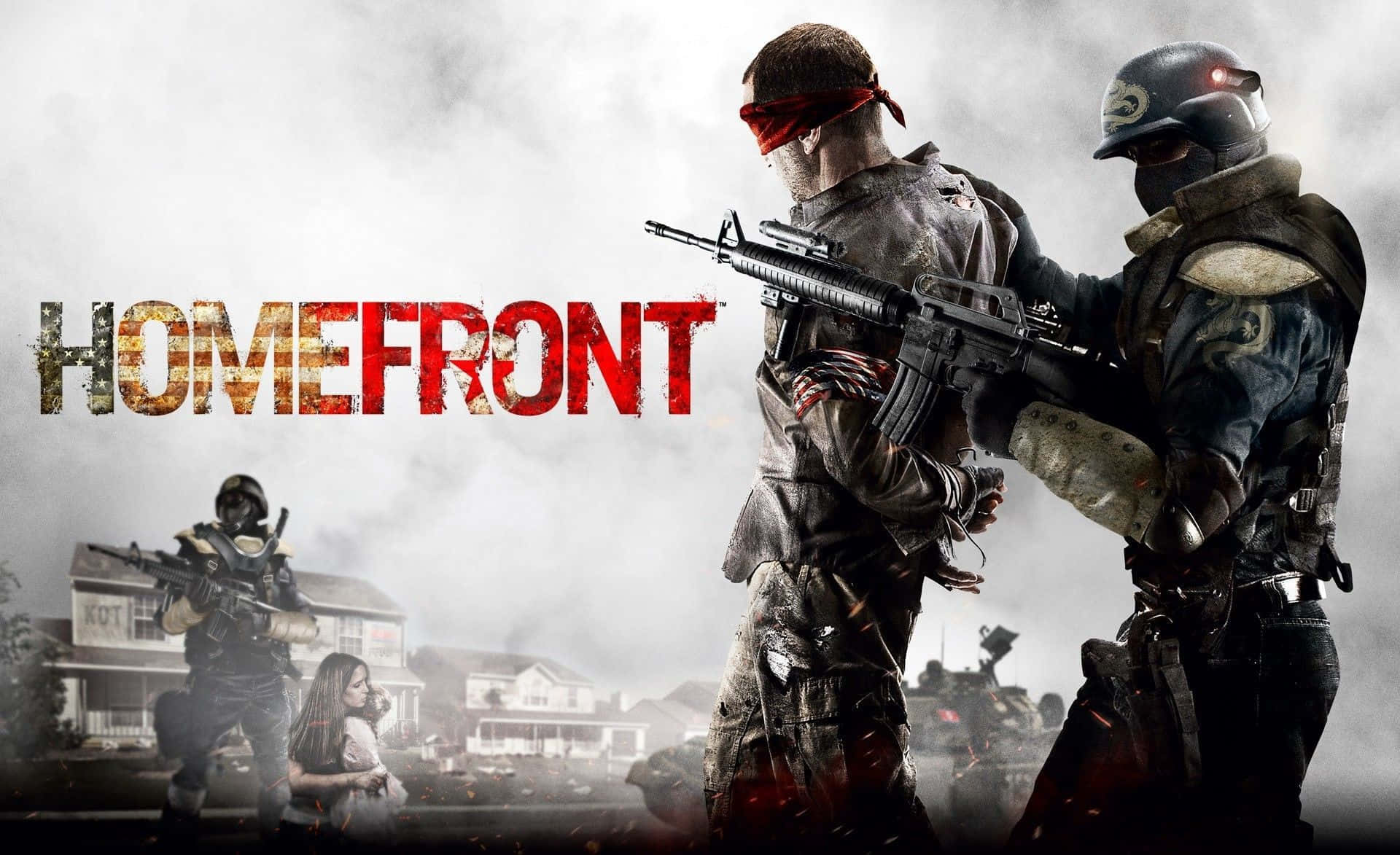 Action Games 桌布 壁紙 — 兩名身穿戰術裝備的武裝士兵站在煙霧瀰漫的郊區街道上，背景有一個小孩，上方是粗體紅色標題Homefront。