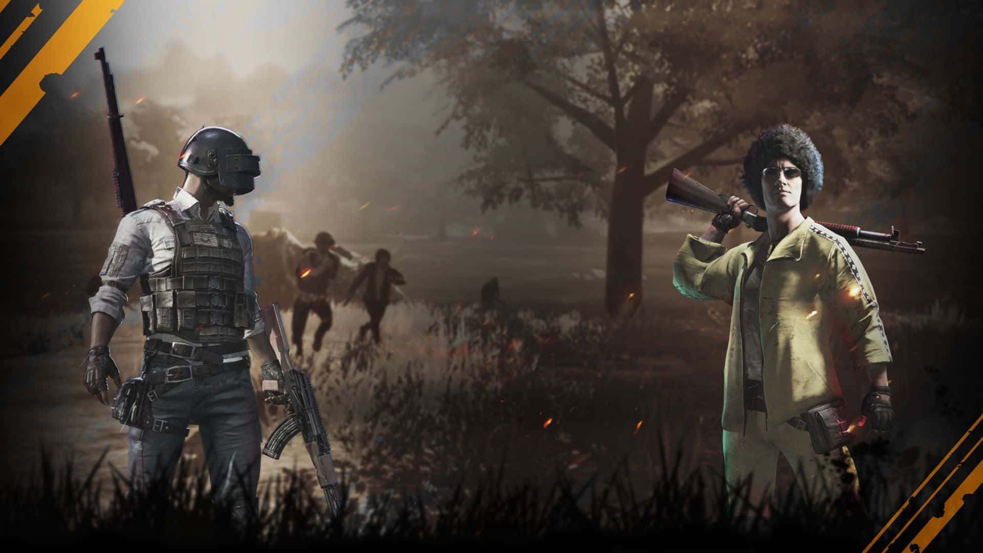 game 桌布 壁紙 — 兩名身穿戰術裝備的武裝玩家在煙霧瀰漫的戰場上對峙，身後有殭屍逼近。