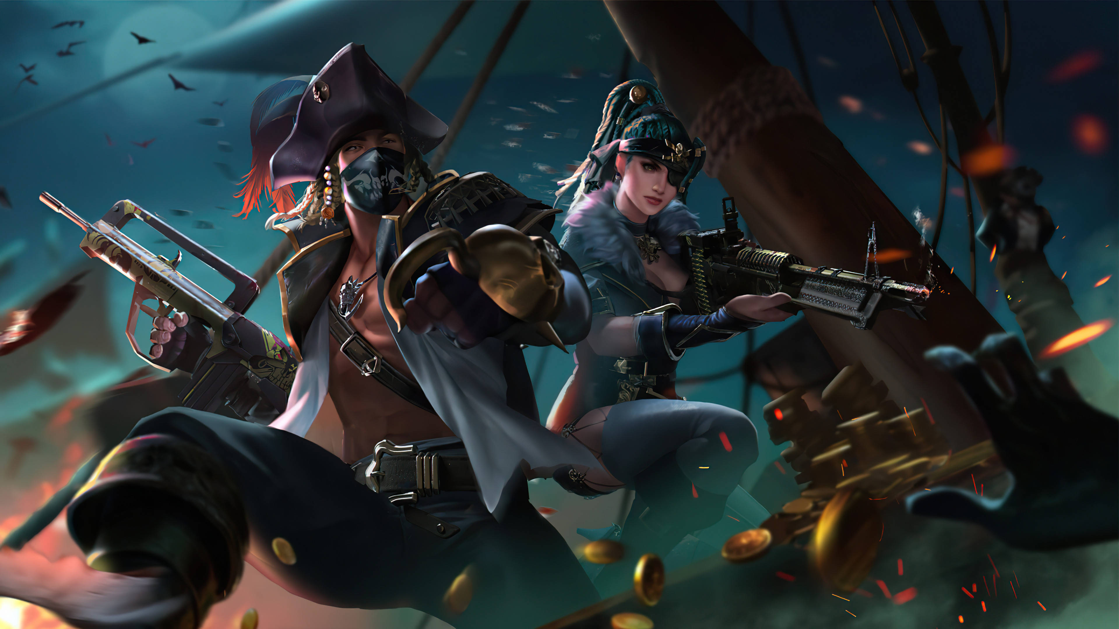 4K free fire 桌布 壁紙 — 兩名身穿戰術裝備的海盜戰士在暴風雨的船甲板上，在飛舞的金幣和火花中開火。