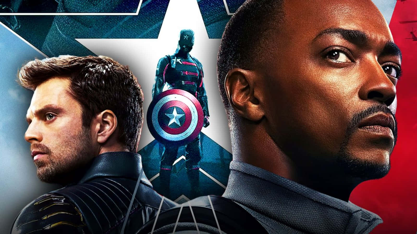 Marvel Avengers 4K 桌布 壁紙 — 兩名身穿戰術裝備的男子在星形背景前，從兩側護衛著中央手持盾牌的美國隊長。