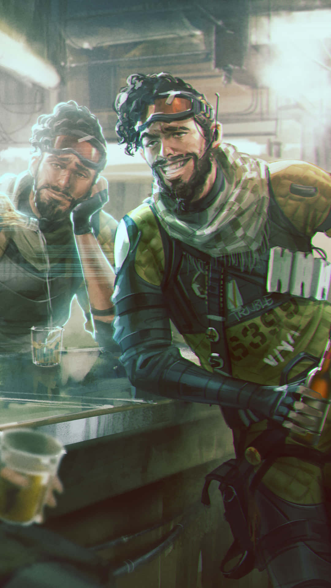 Apex Legends Crypto 桌布 壁紙 — 兩名身穿戰術裝備的粗獷士兵在燈光昏暗的酒吧中放鬆，霓虹燈閃爍，飲料冒著蒸氣。