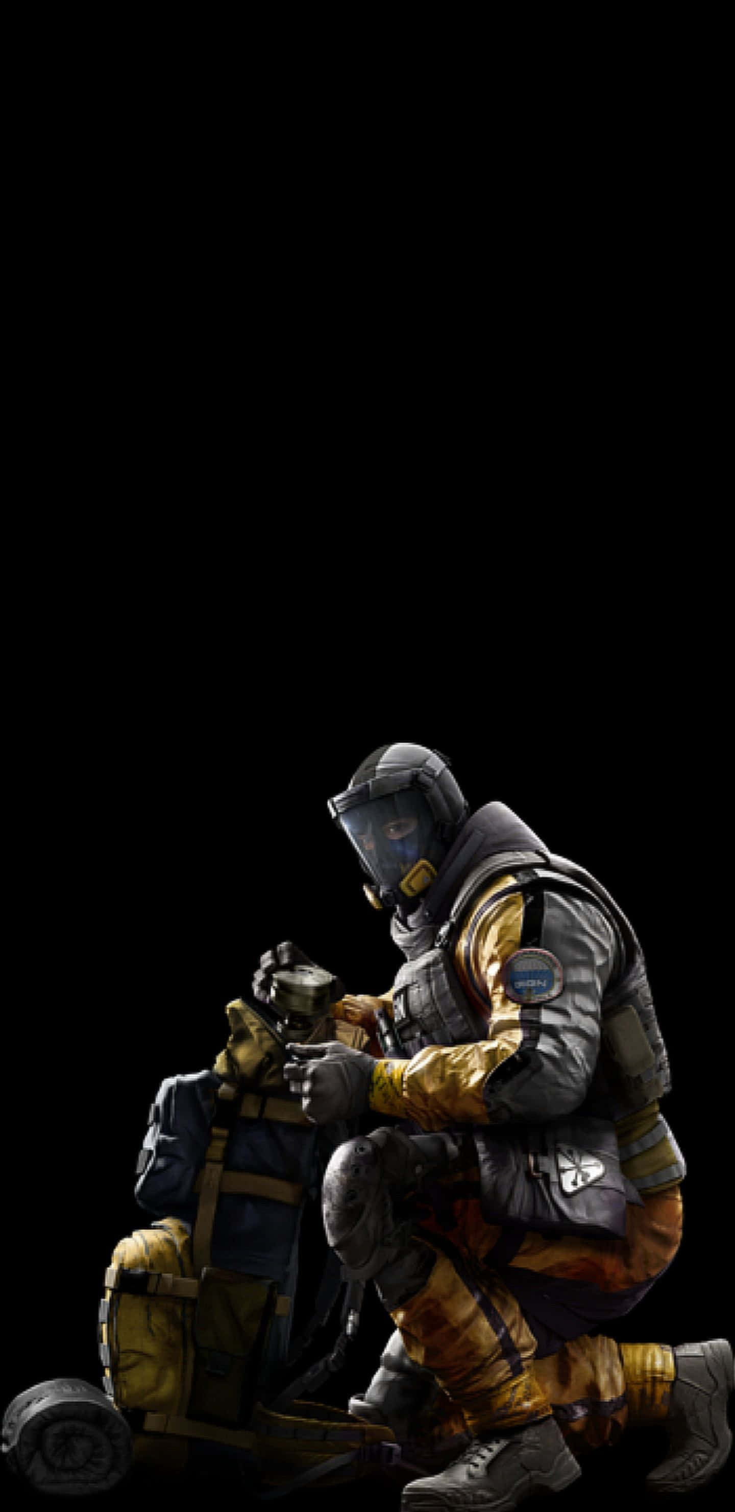 Pixel 3xl Rainbow Six Siege 桌布 壁紙 — 兩名身穿戰術裝備的裝甲士兵蹲在黑色背景前，一人手持武器，另一人揹著背包。