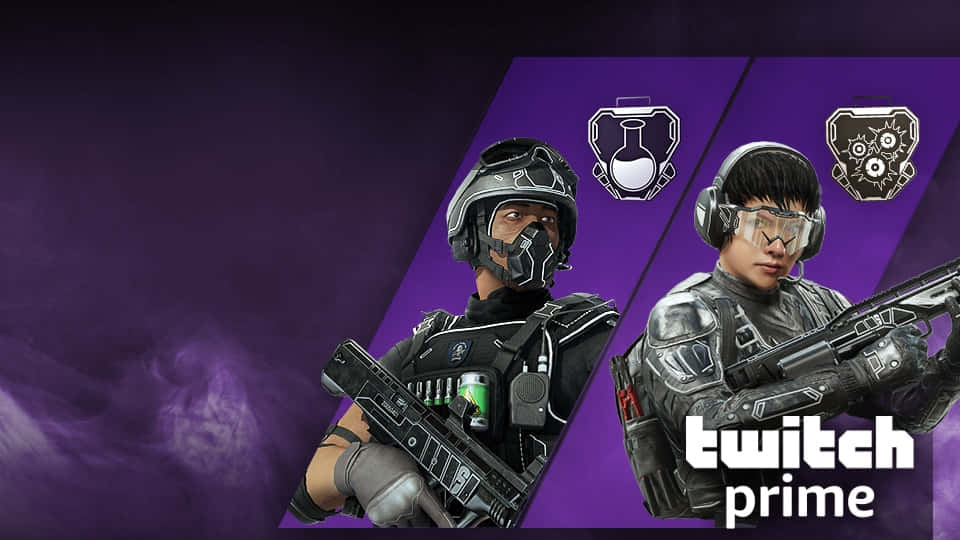 Rainbow Six Siege Twitch 桌布 壁紙 — 兩名身穿戰術裝備的裝甲玩家在紫色煙霧背景中手持武器，帶有Twitch Prime品牌標誌。