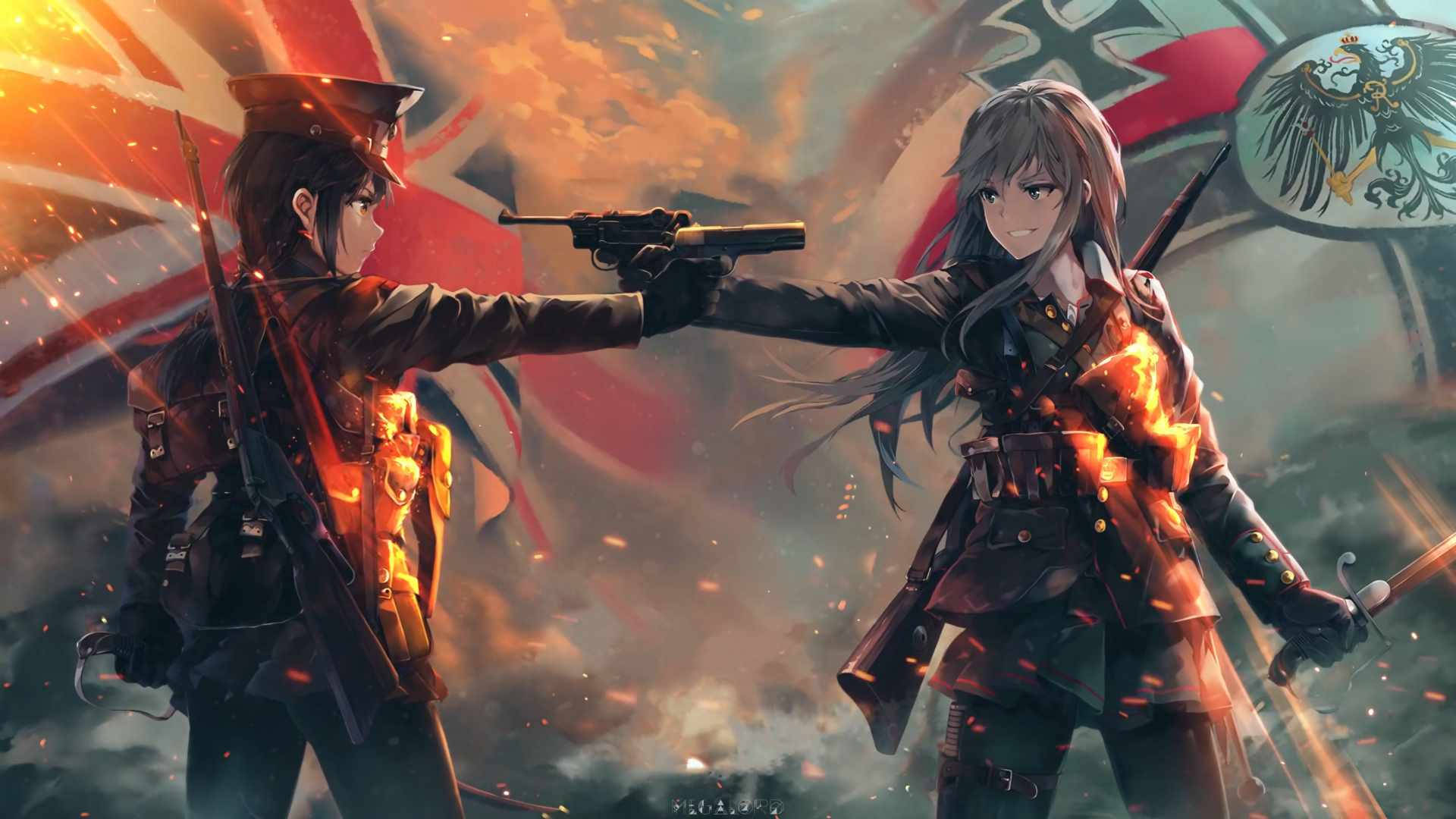 兩名動漫士兵在火焰和戰旗中互相用槍指著對方。 — BTS 防彈少年團 粉絲 女孩 GIF 壁紙