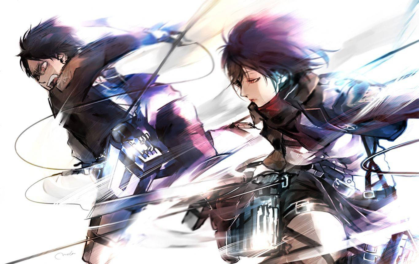 Mikasa 桌布 壁紙 — 兩名身穿戰鬥裝備的動漫戰士在明亮的白色背景上揮劍對決，帶有動態模糊效果。