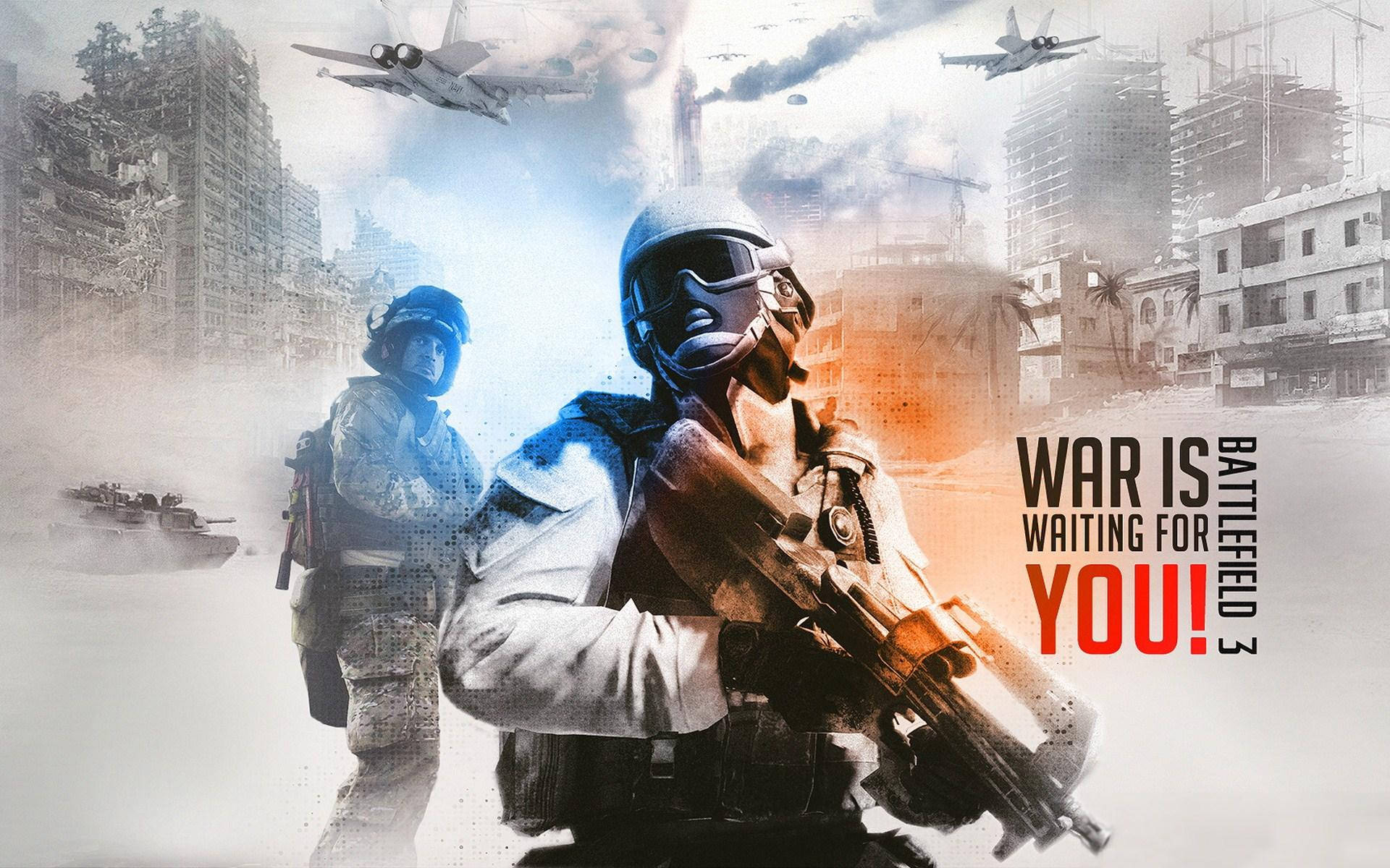 Battlefield 3 桌布 壁紙 — 兩名身穿戰鬥裝備的士兵在戰火摧殘的城市景觀中準備就緒，周圍有戰鬥機和坦克，煙霧和廢墟環繞。