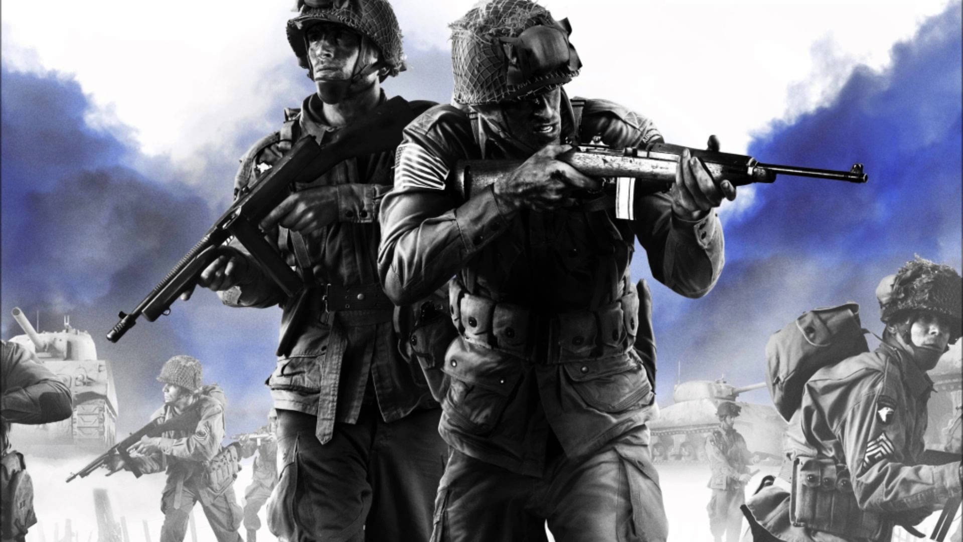 heroes 桌布 壁紙 — 兩名身穿戰鬥裝備的士兵在戲劇性的藍白天空下，背景有煙霧和坦克，持步槍前進。