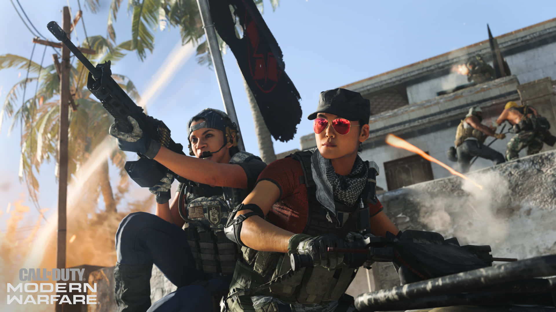 1920x1080 Call Of Duty Modern Warfare 桌布 壁紙 — 兩名身穿戰鬥裝備的士兵在熱帶城市戰場景中，於爆炸和煙霧中開火。