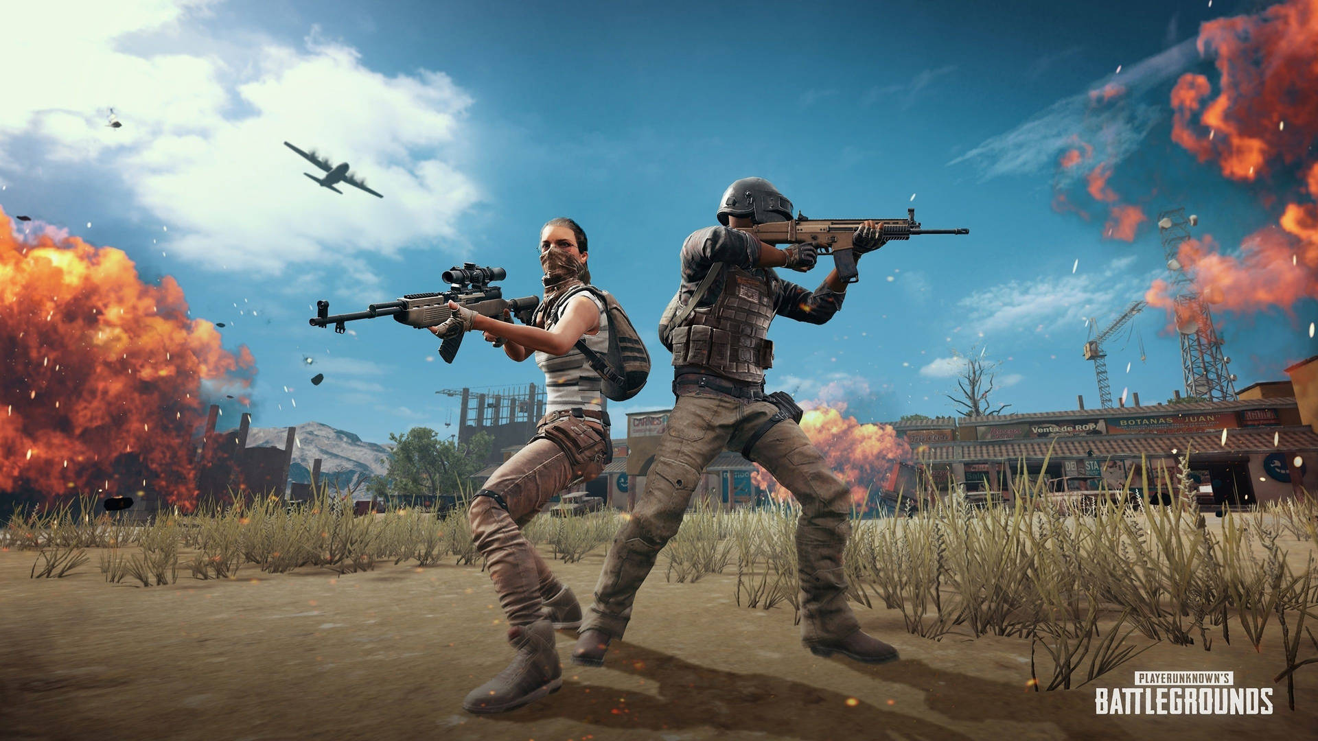 兩名武裝士兵在廢墟城市中的爆炸性戰鬥中開火。 — PUBG 4K 壁紙 壁紙
